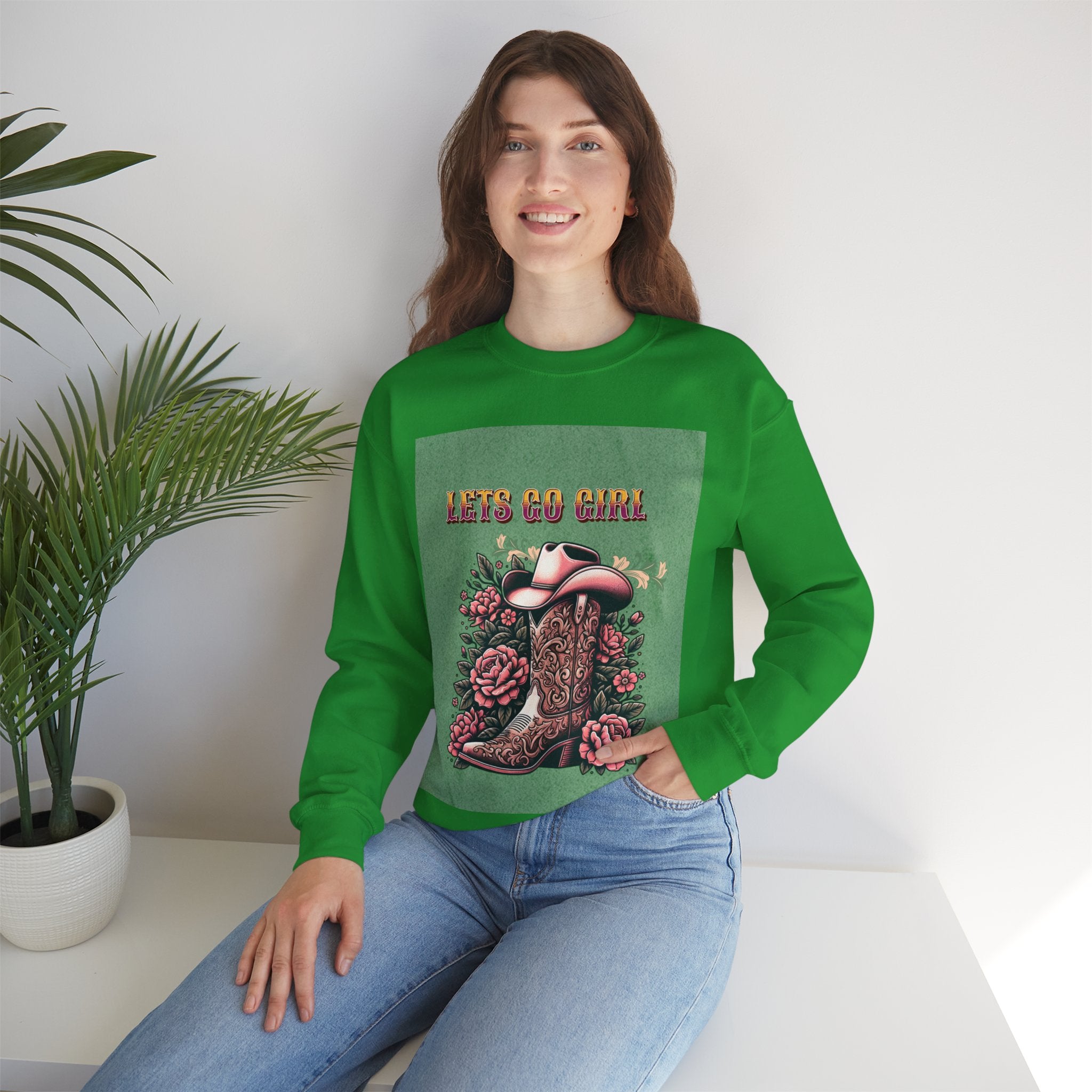Cowgirl Boots Sweatshirt, Let’s Go Girl Crewneck, Western Style Apparel, Cozy Gift for Her, Trendy Graphic Sweatshirt