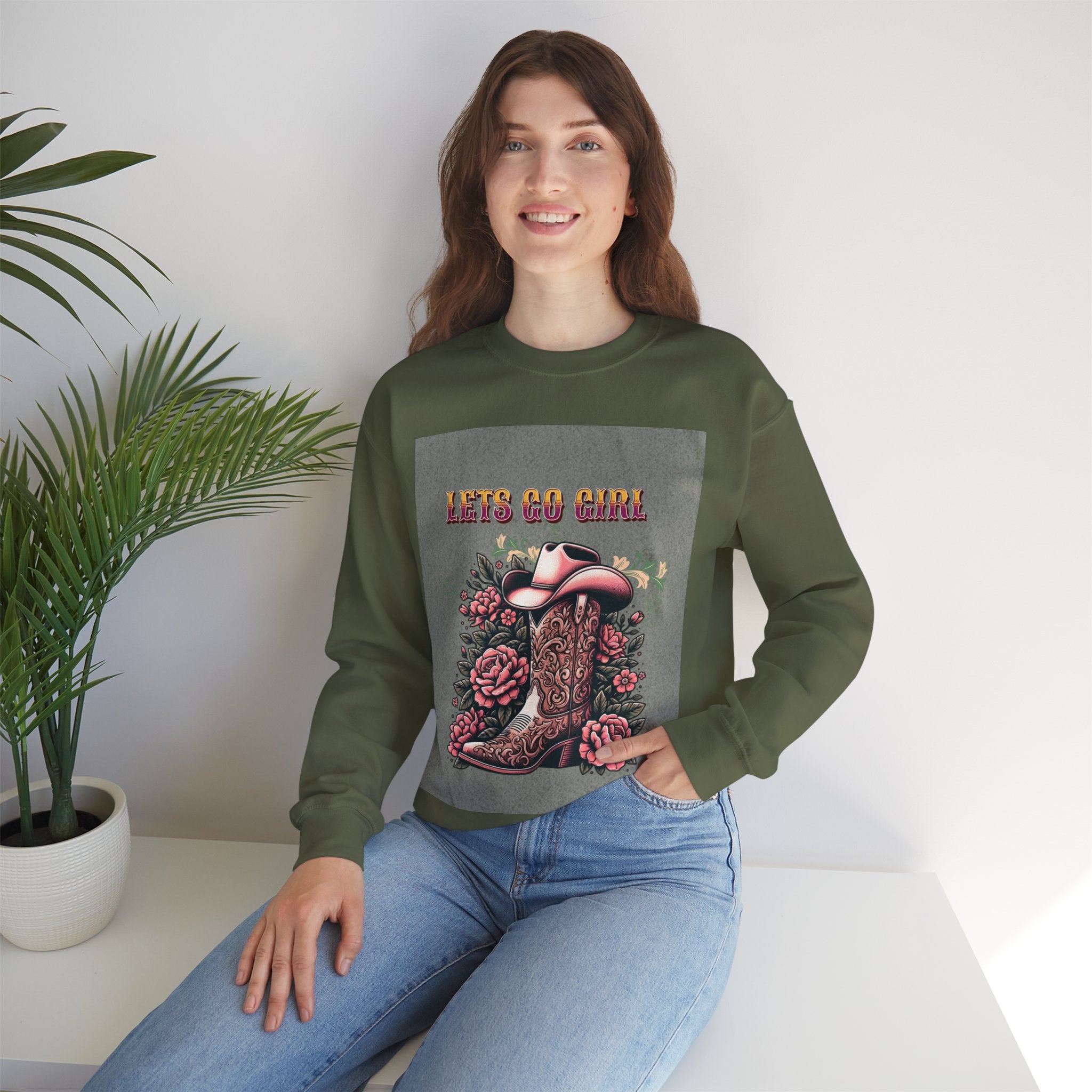 Cowgirl Boots Sweatshirt, Let’s Go Girl Crewneck, Western Style Apparel, Cozy Gift for Her, Trendy Graphic Sweatshirt