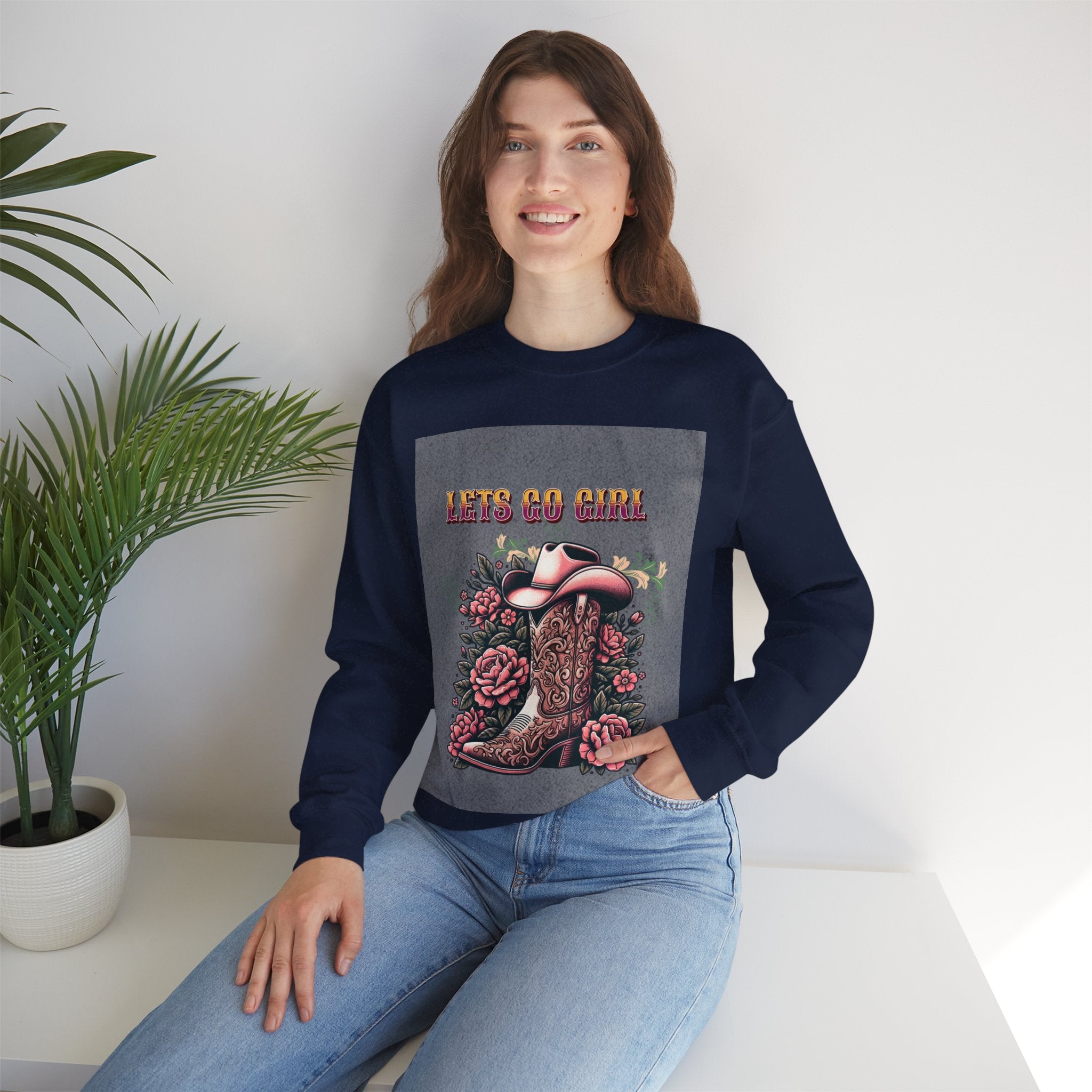 Cowgirl Boots Sweatshirt, Let’s Go Girl Crewneck, Western Style Apparel, Cozy Gift for Her, Trendy Graphic Sweatshirt