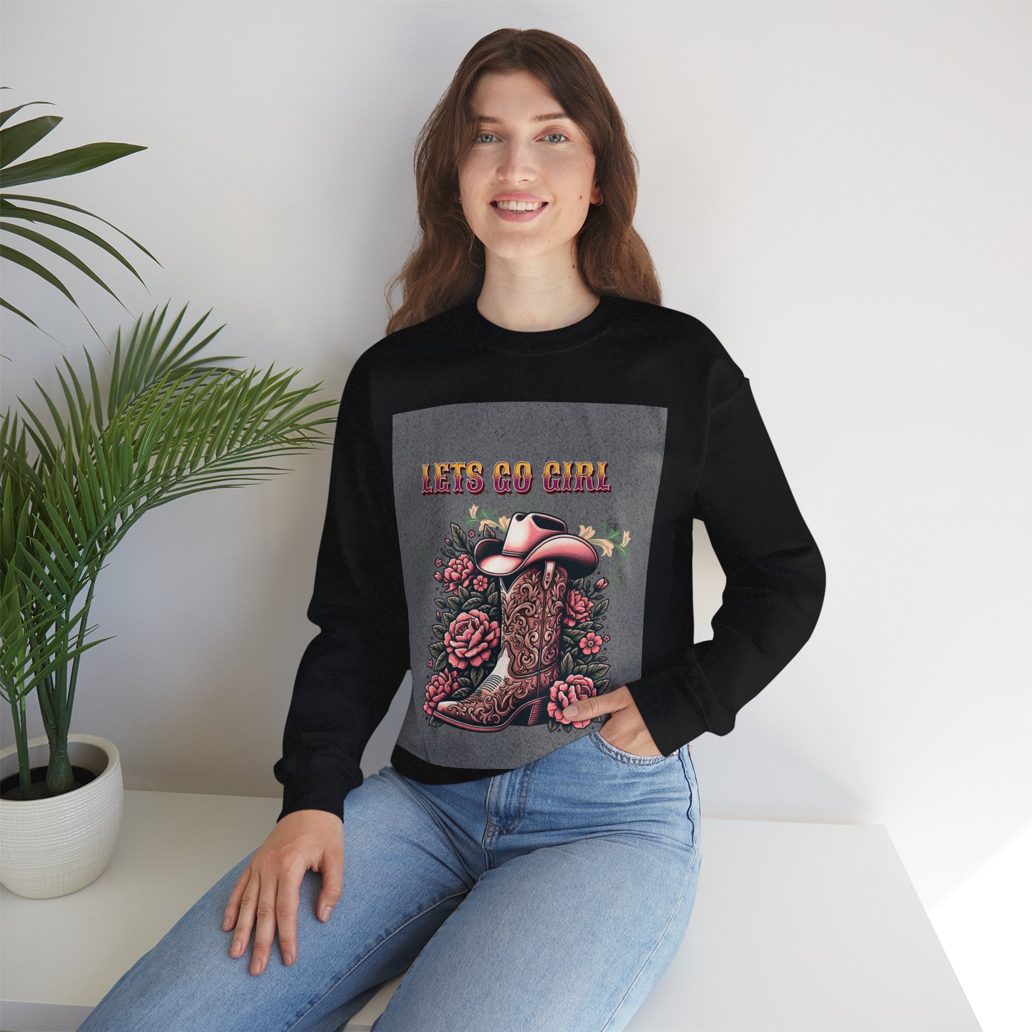 Cowgirl Boots Sweatshirt, Let’s Go Girl Crewneck, Western Style Apparel, Cozy Gift for Her, Trendy Graphic Sweatshirt