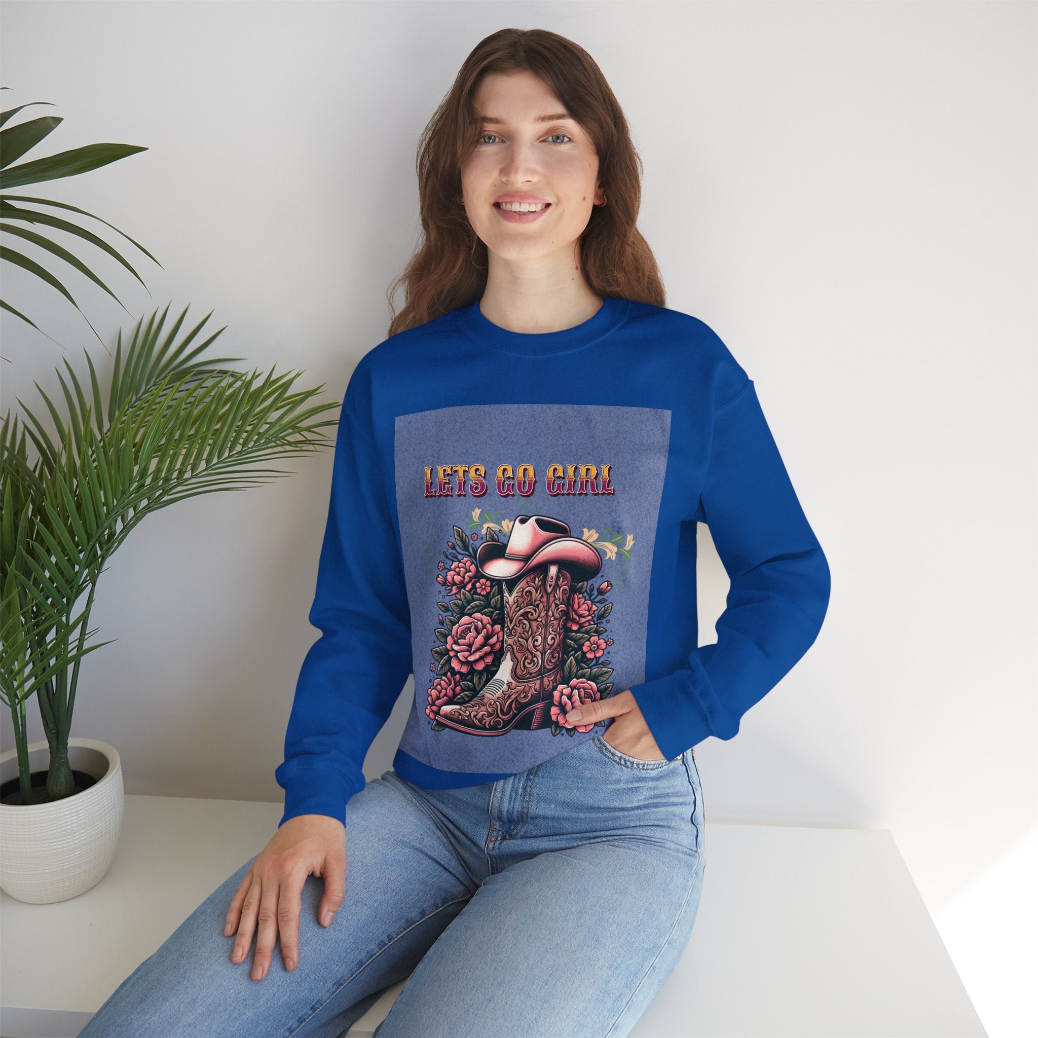 Cowgirl Boots Sweatshirt, Let’s Go Girl Crewneck, Western Style Apparel, Cozy Gift for Her, Trendy Graphic Sweatshirt