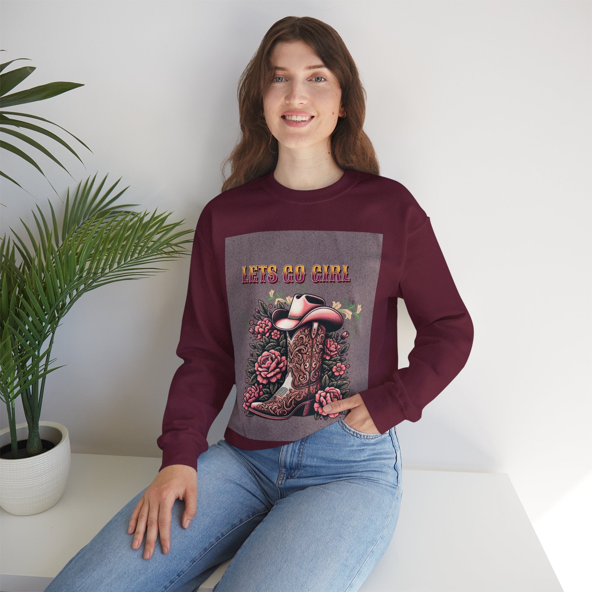Cowgirl Boots Sweatshirt, Let’s Go Girl Crewneck, Western Style Apparel, Cozy Gift for Her, Trendy Graphic Sweatshirt