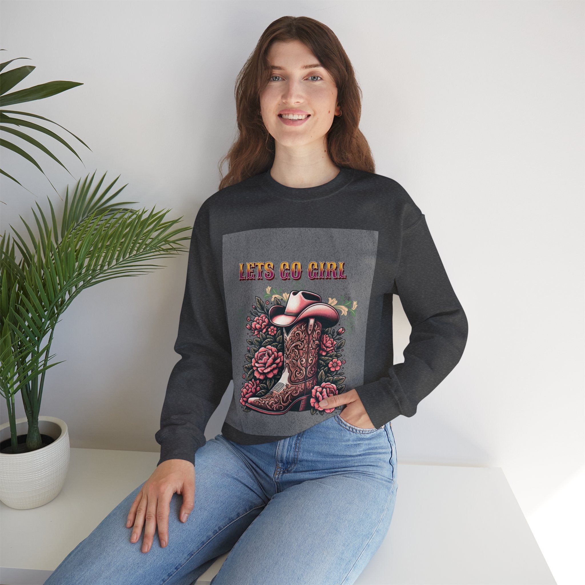 Cowgirl Boots Sweatshirt, Let’s Go Girl Crewneck, Western Style Apparel, Cozy Gift for Her, Trendy Graphic Sweatshirt