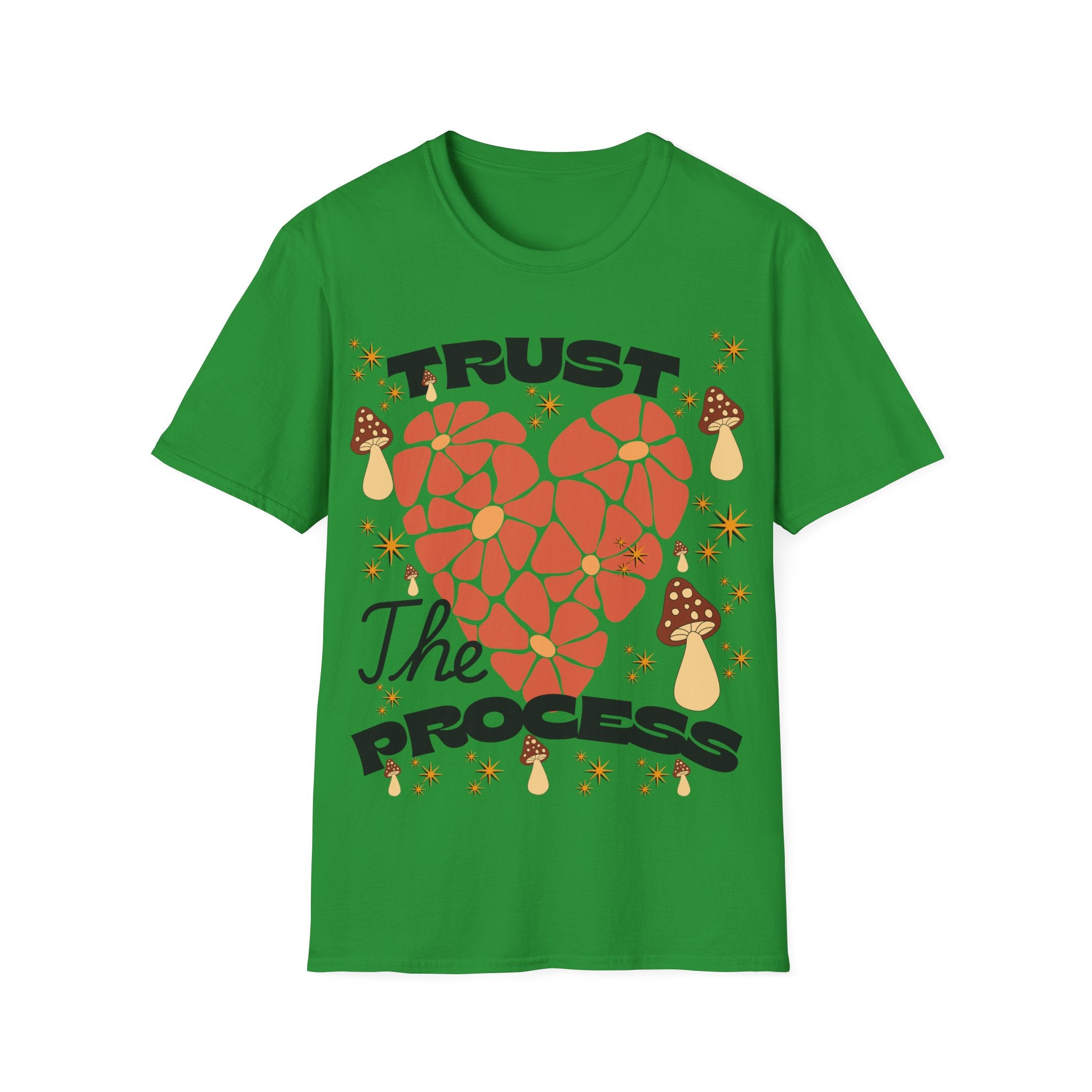 Trust The Process Heart T-Shirt — Positive Motivation Tee with Mushroom & Mosaic Heart Design