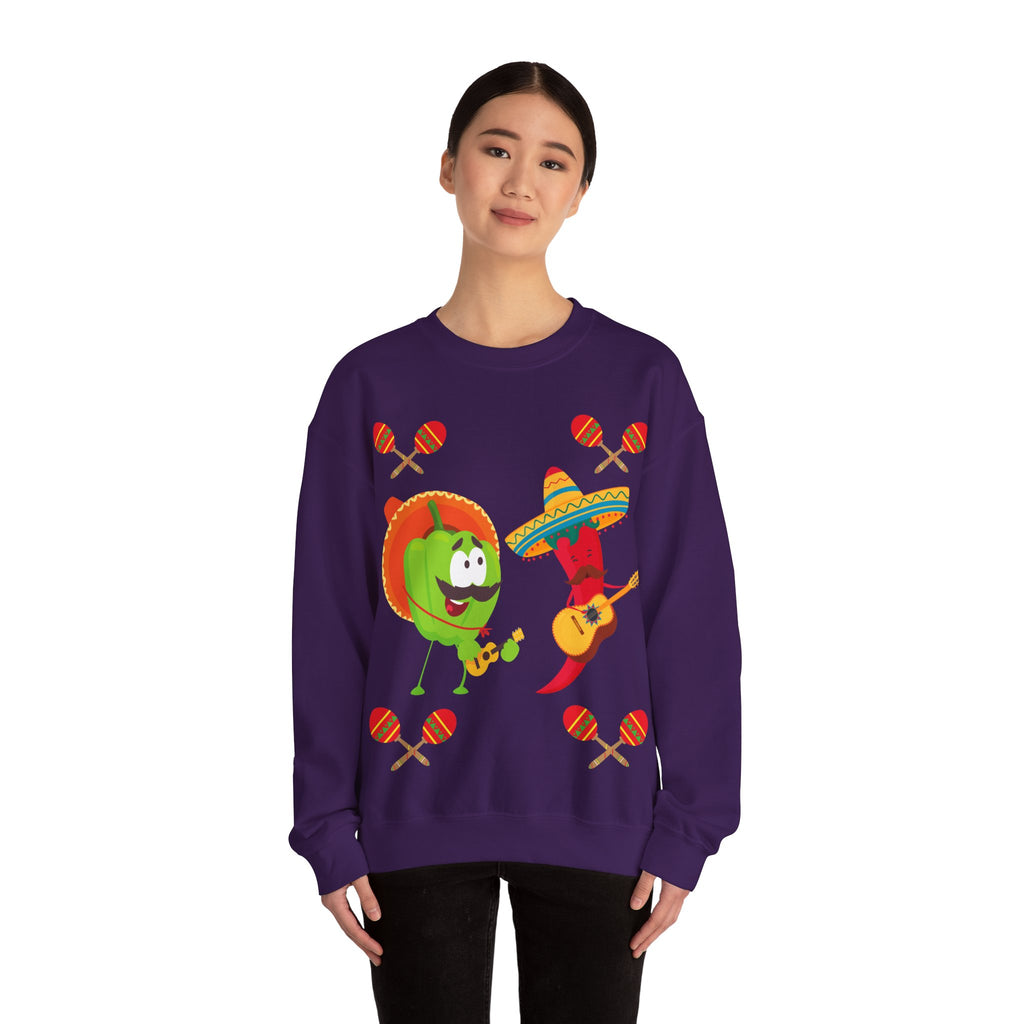 Fiesta Friends Sweatshirt — Cute Chili & Avocado with Sombreros, Maracas & Guitar