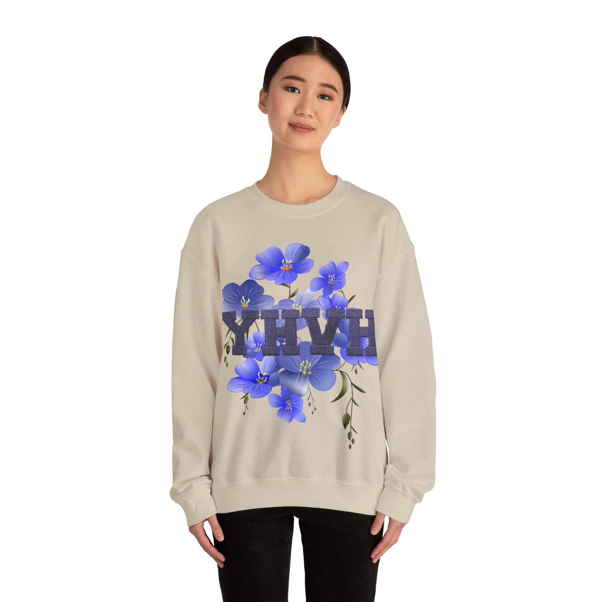 Crewneck Sweatshirt - Blue Violet Floral Graphic with 'KHVH' Lettering