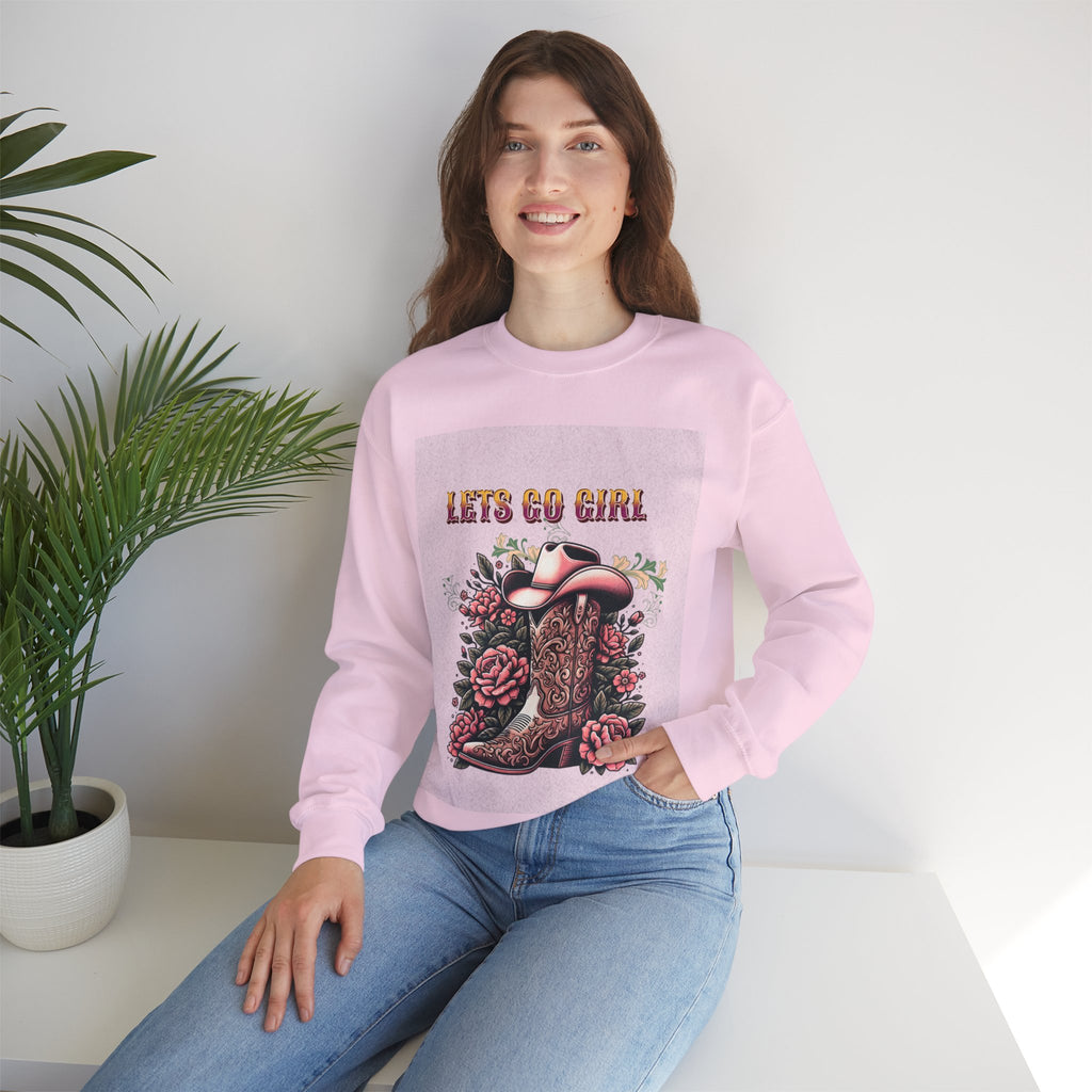 Cowgirl Boots Sweatshirt, Let’s Go Girl Crewneck, Western Style Apparel, Cozy Gift for Her, Trendy Graphic Sweatshirt