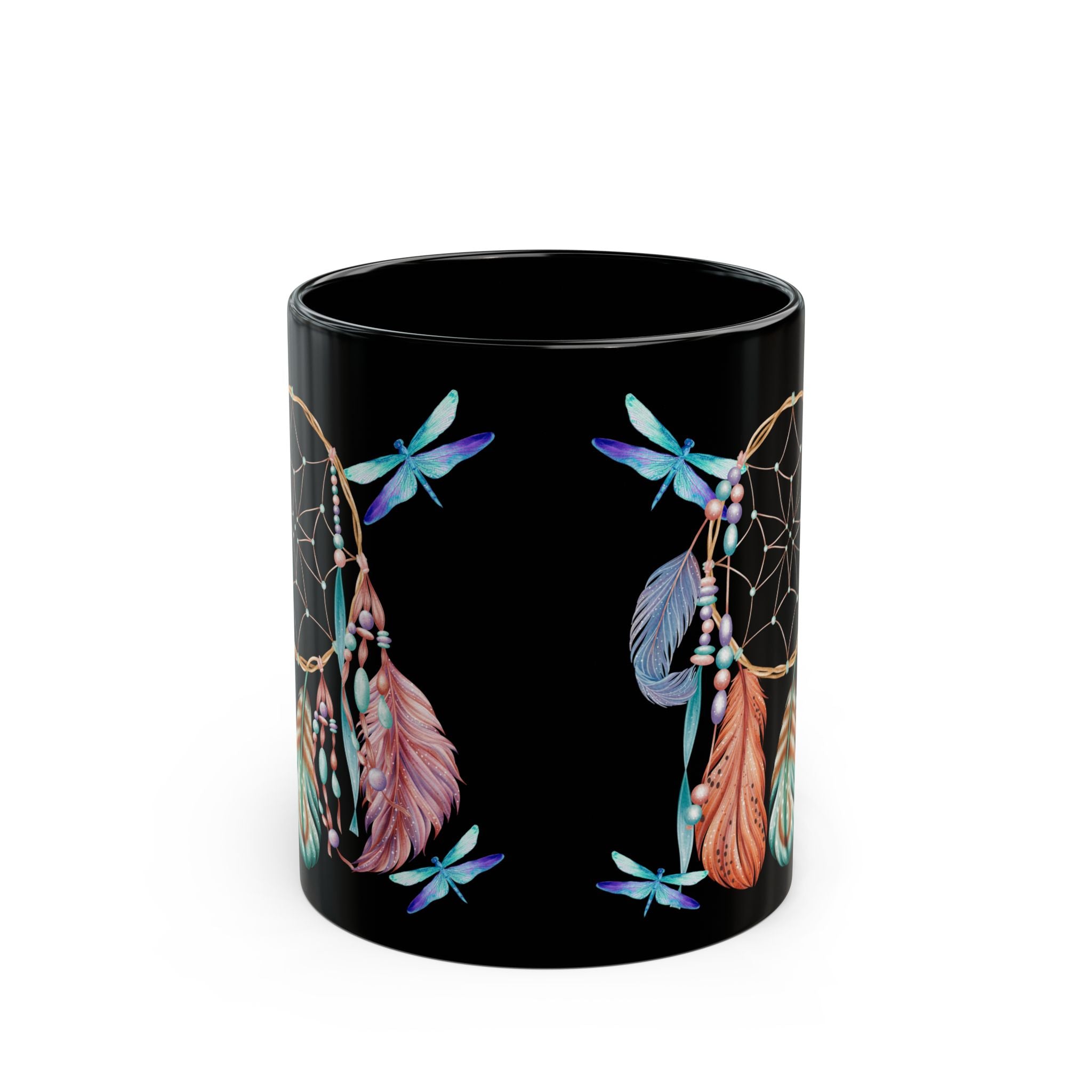 Dreamcatcher Black Mug — Boho Feather & Dragonfly Coffee Cup (11oz/15oz)