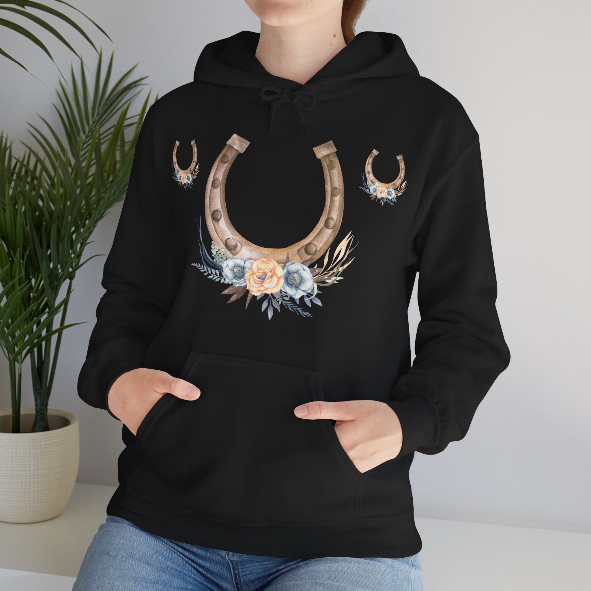 Equestrian Floral Horseshoe Hoodie, Cozy Unisex Sweatshirt, Gifts for Horse Lovers, Country Style Apparel, Birthday Gift, Festival Wear