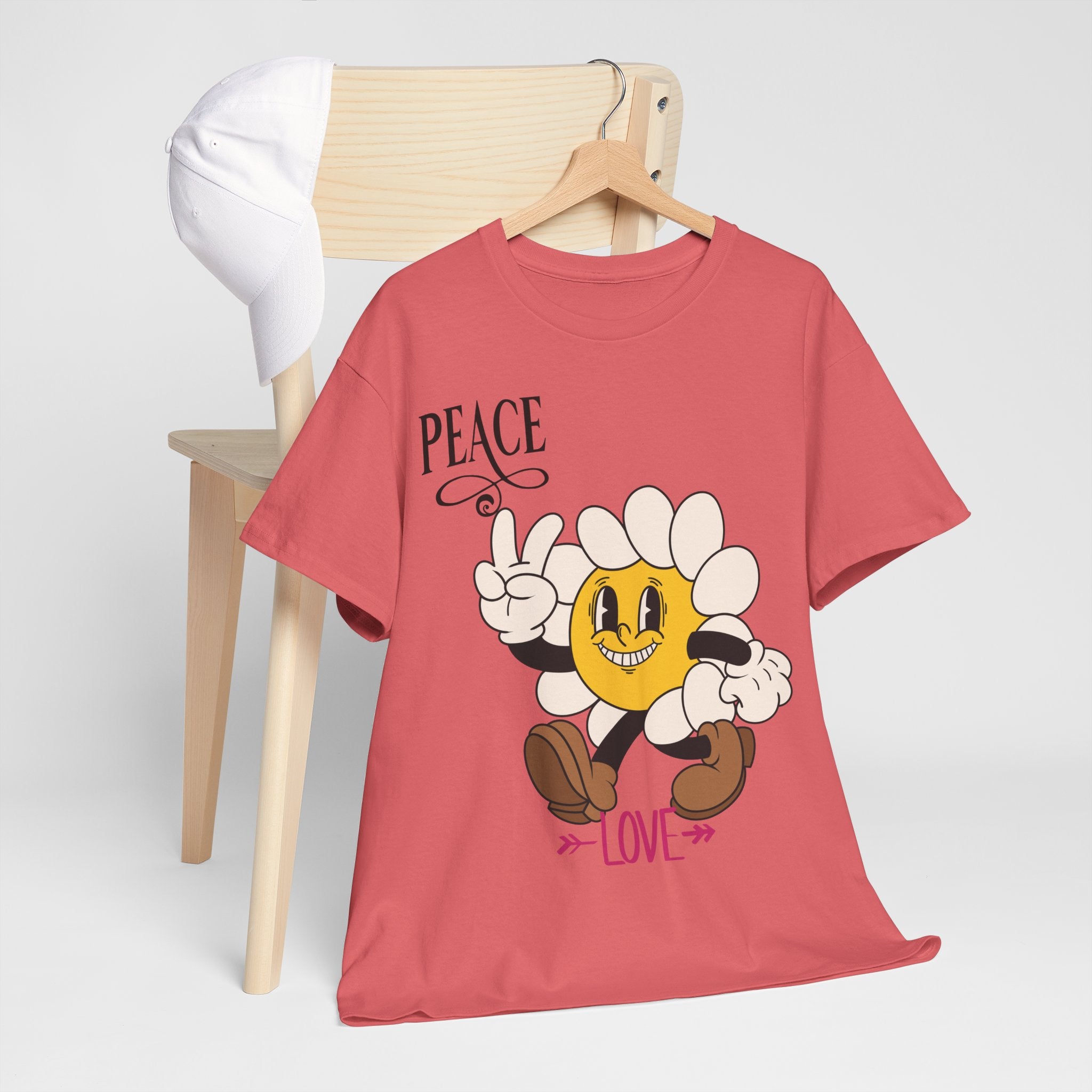 Peace & Love Daisy Character T-Shirt — Retro Smiley Flower Tee