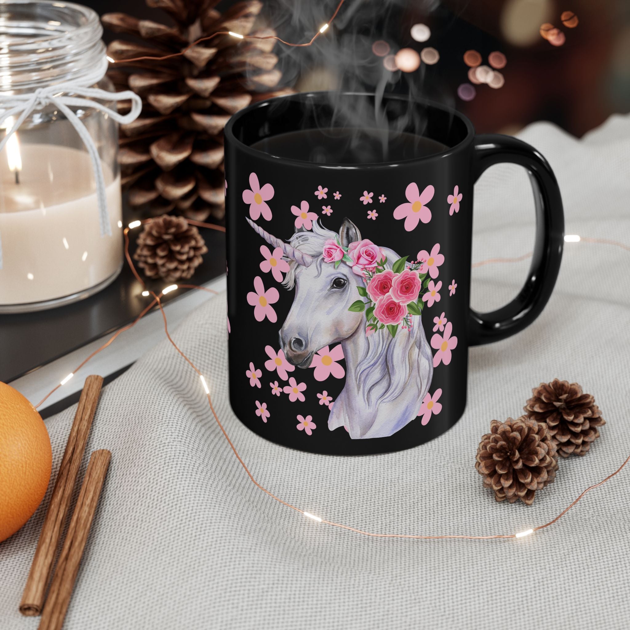 Unicorn Floral Mug — Black Ceramic Coffee Cup with Pink Flowers (11oz, 15oz)