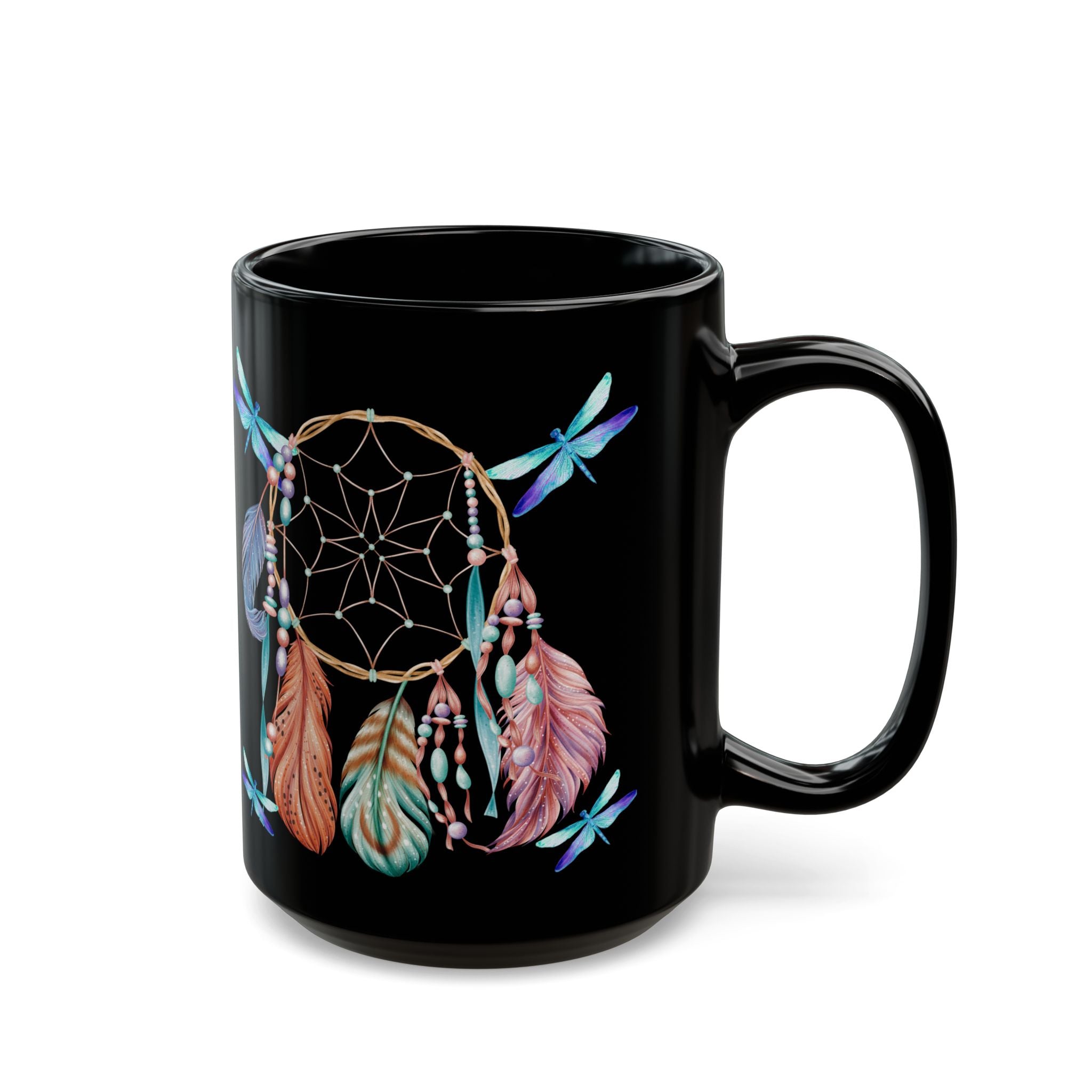 Dreamcatcher Black Mug — Boho Feather & Dragonfly Coffee Cup (11oz/15oz)
