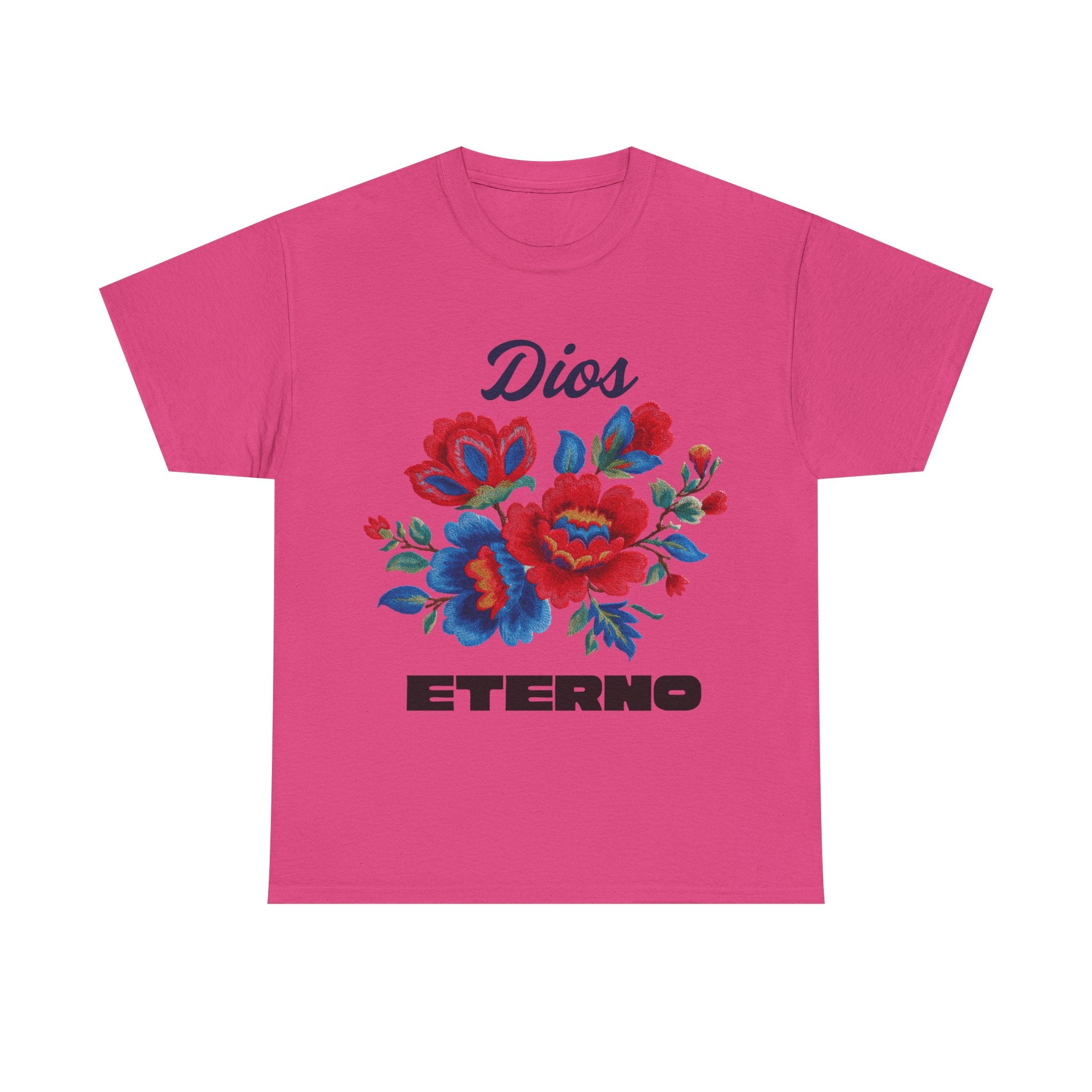 Dios Eterno Floral T-Shirt — Spanish Faith Tee with Red & Blue Blooms