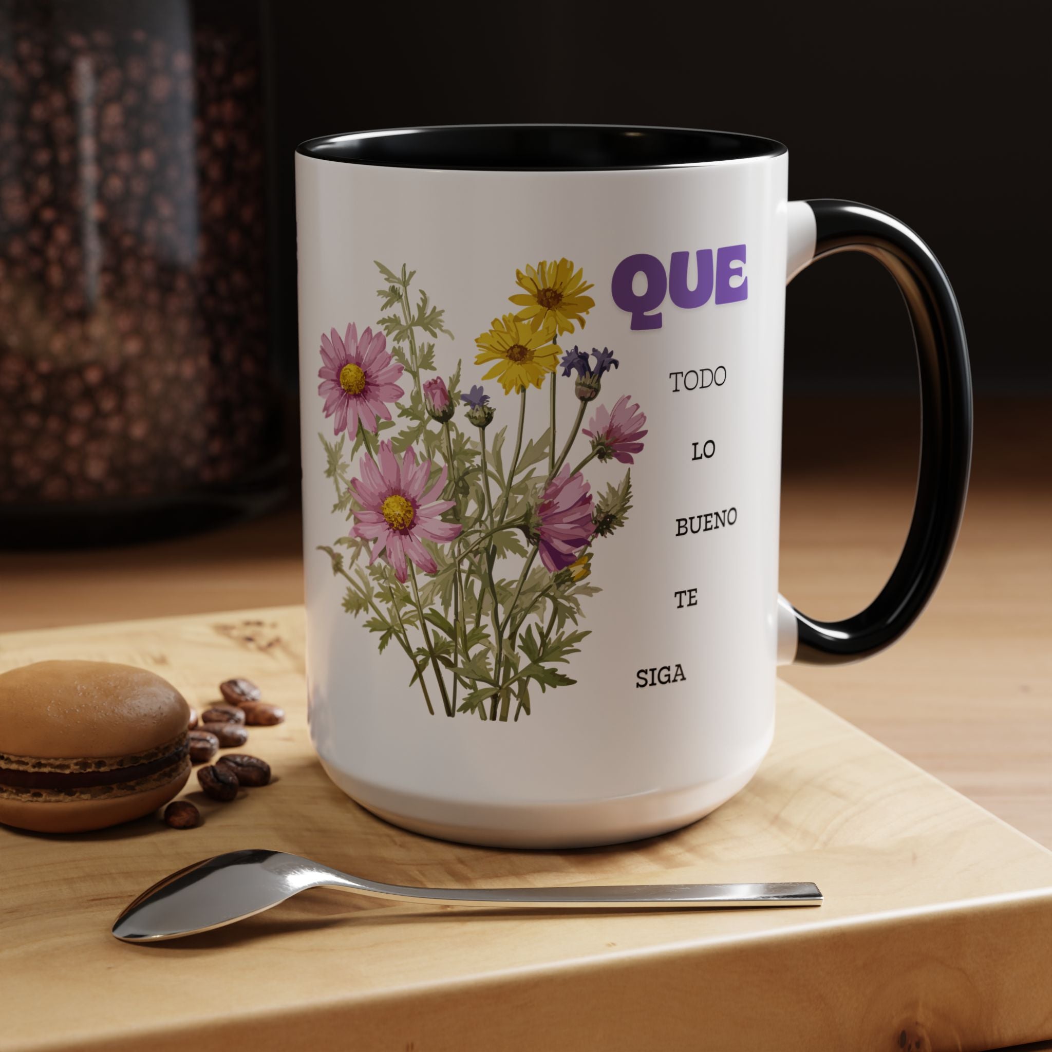 Inspirational Spanish Floral Coffee Mug — "Que todo lo bueno te siga" Accent Mug (11/15oz)