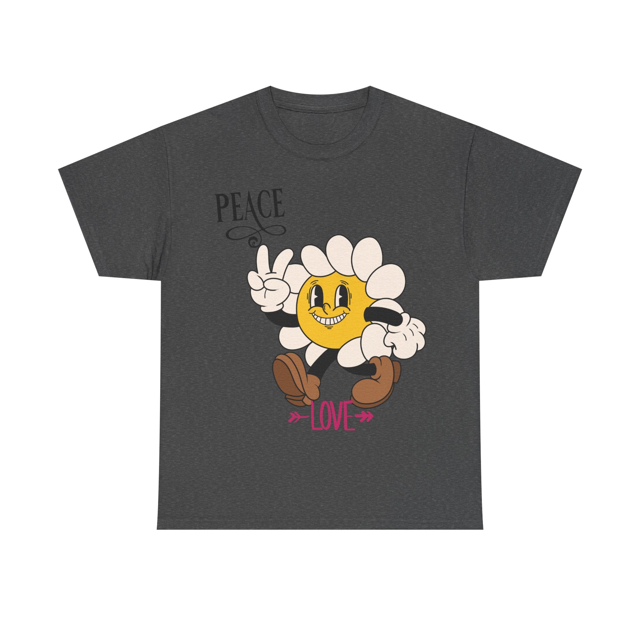 Peace & Love Daisy Character T-Shirt — Retro Smiley Flower Tee