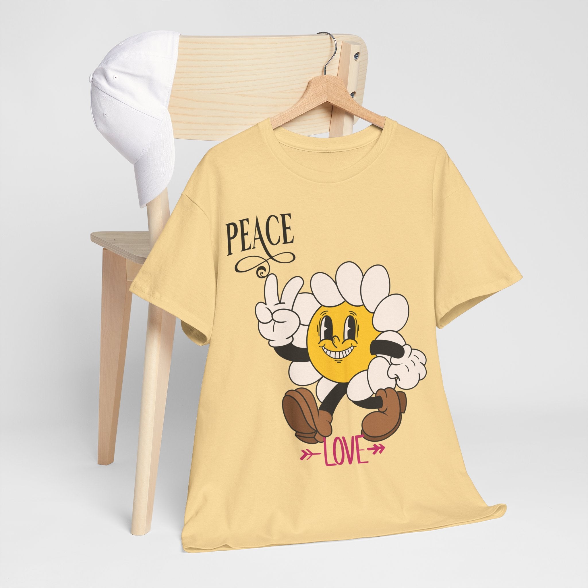 Peace & Love Daisy Character T-Shirt — Retro Smiley Flower Tee