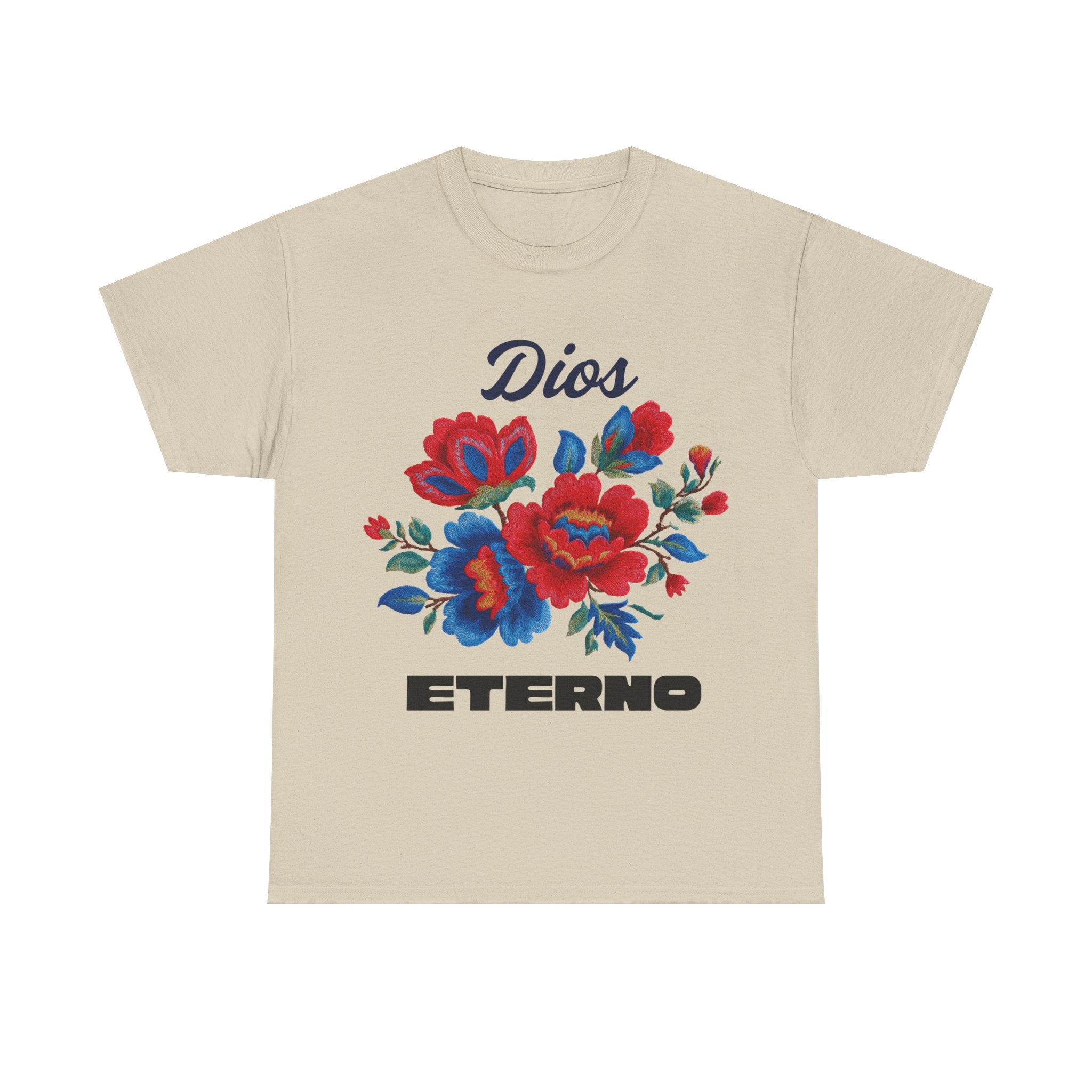 Dios Eterno Floral T-Shirt — Spanish Faith Tee with Red & Blue Blooms