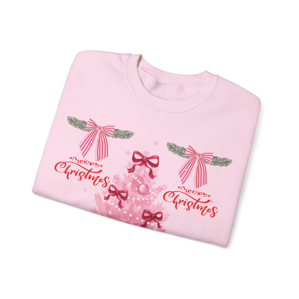 Pink Christmas Tree Sweatshirt — 'Merry Christmas' Bow Holiday Crewneck