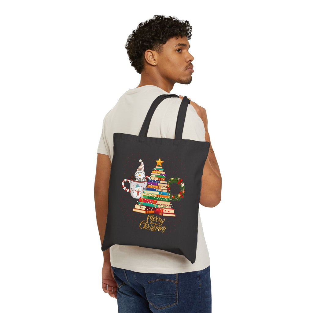 Christmas Book Stack Tote Bag – 'Merry Christmas' Holiday Canvas Tote
