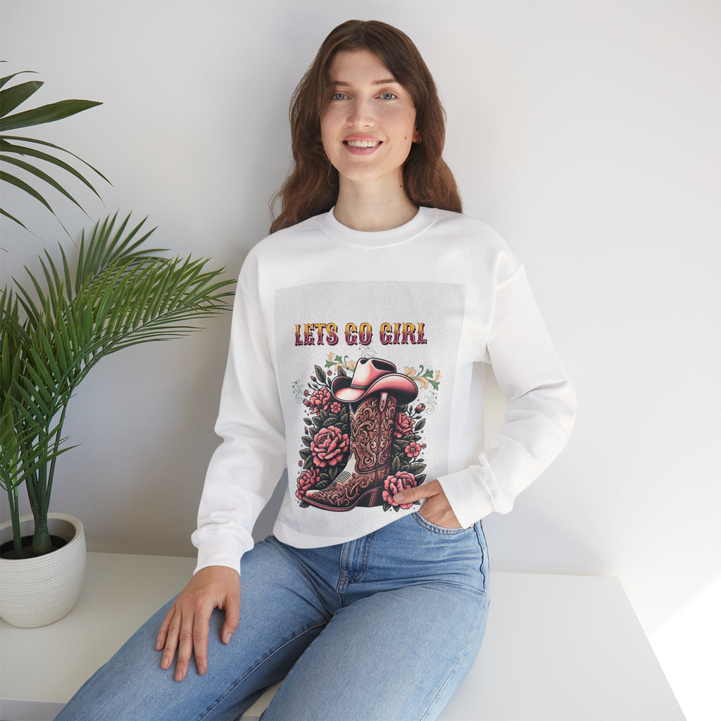 Cowgirl Boots Sweatshirt, Let’s Go Girl Crewneck, Western Style Apparel, Cozy Gift for Her, Trendy Graphic Sweatshirt