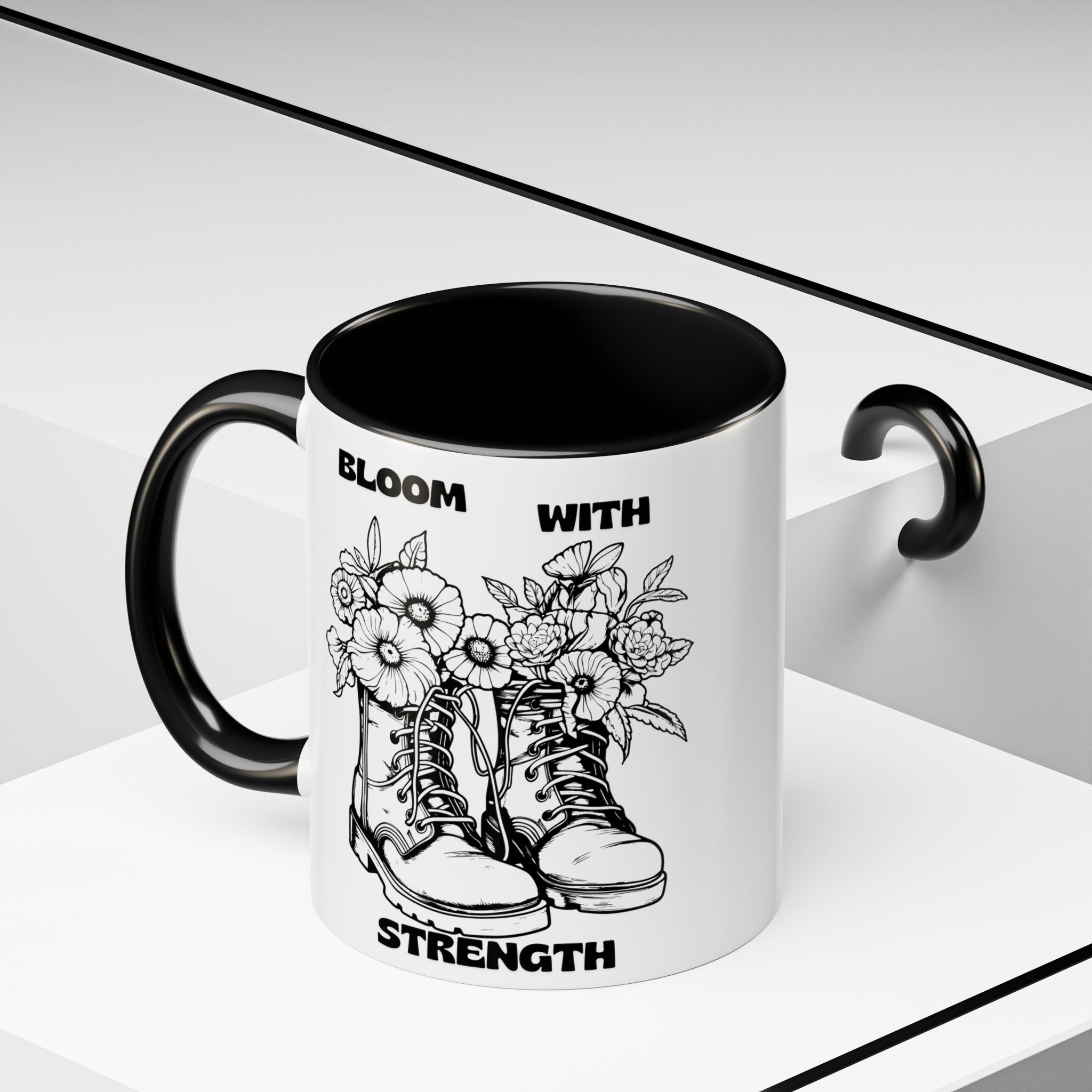 Bloom With Strength Coffee Mug — Floral Boots Inspirational Accent Mug (11/15oz)