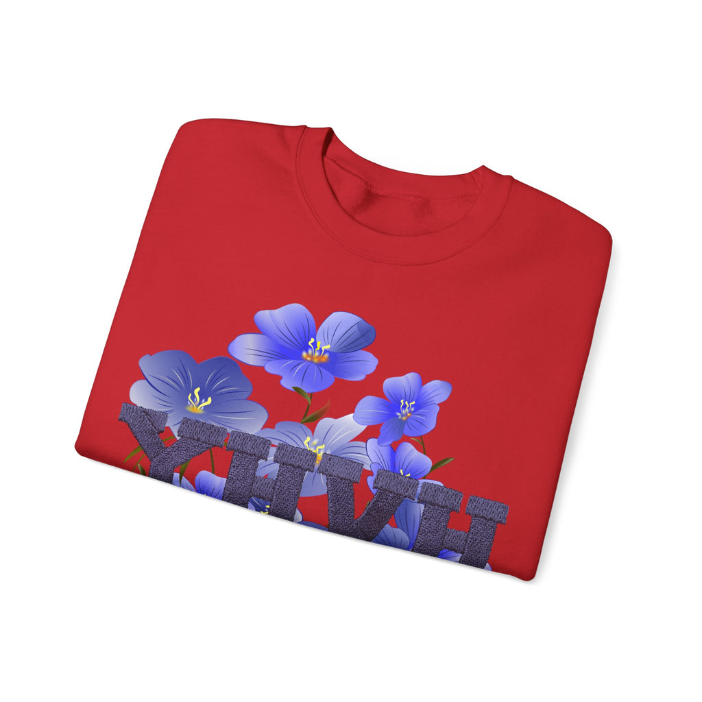 Crewneck Sweatshirt - Blue Violet Floral Graphic with 'KHVH' Lettering