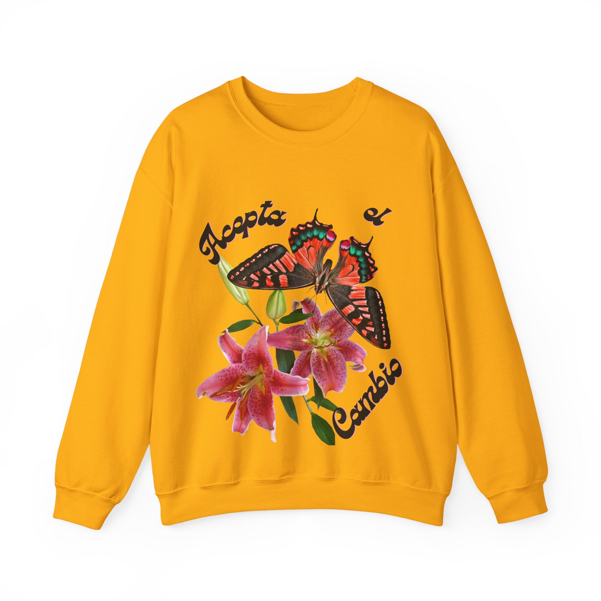 Butterfly & Floral Crewneck Sweatshirt - Accepta el Cambio, Cozy Fall Sweater, Gift for Nature Lovers, Inspirational Apparel, Unisex Fashion
