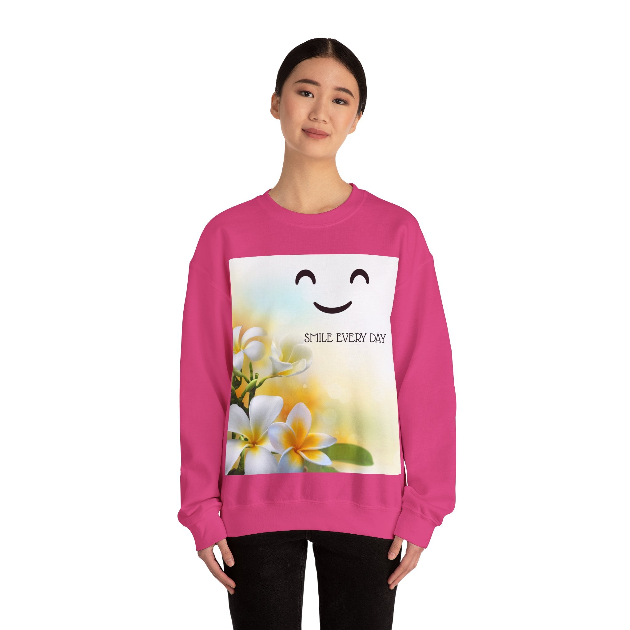 Smile Every Day Crewneck Sweatshirt — Floral Plumeria Happy Face Graphic