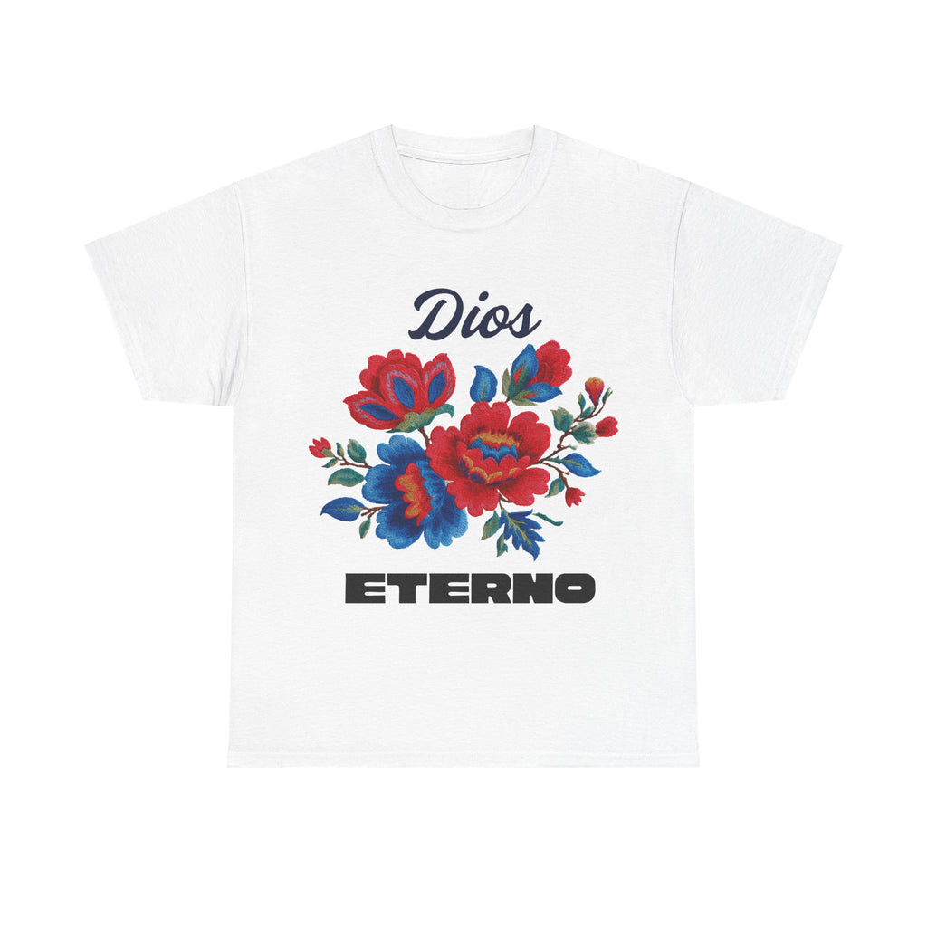 Dios Eterno Floral T-Shirt — Spanish Faith Tee with Red & Blue Blooms