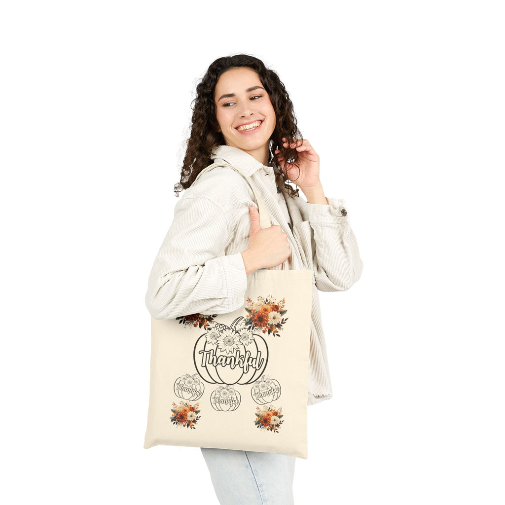 Thankful Floral Cotton Canvas Tote Bag, Fall Tote, Autumn Gift, Eco-friendly Shopper, Thanksgiving, Pumpkin Decor