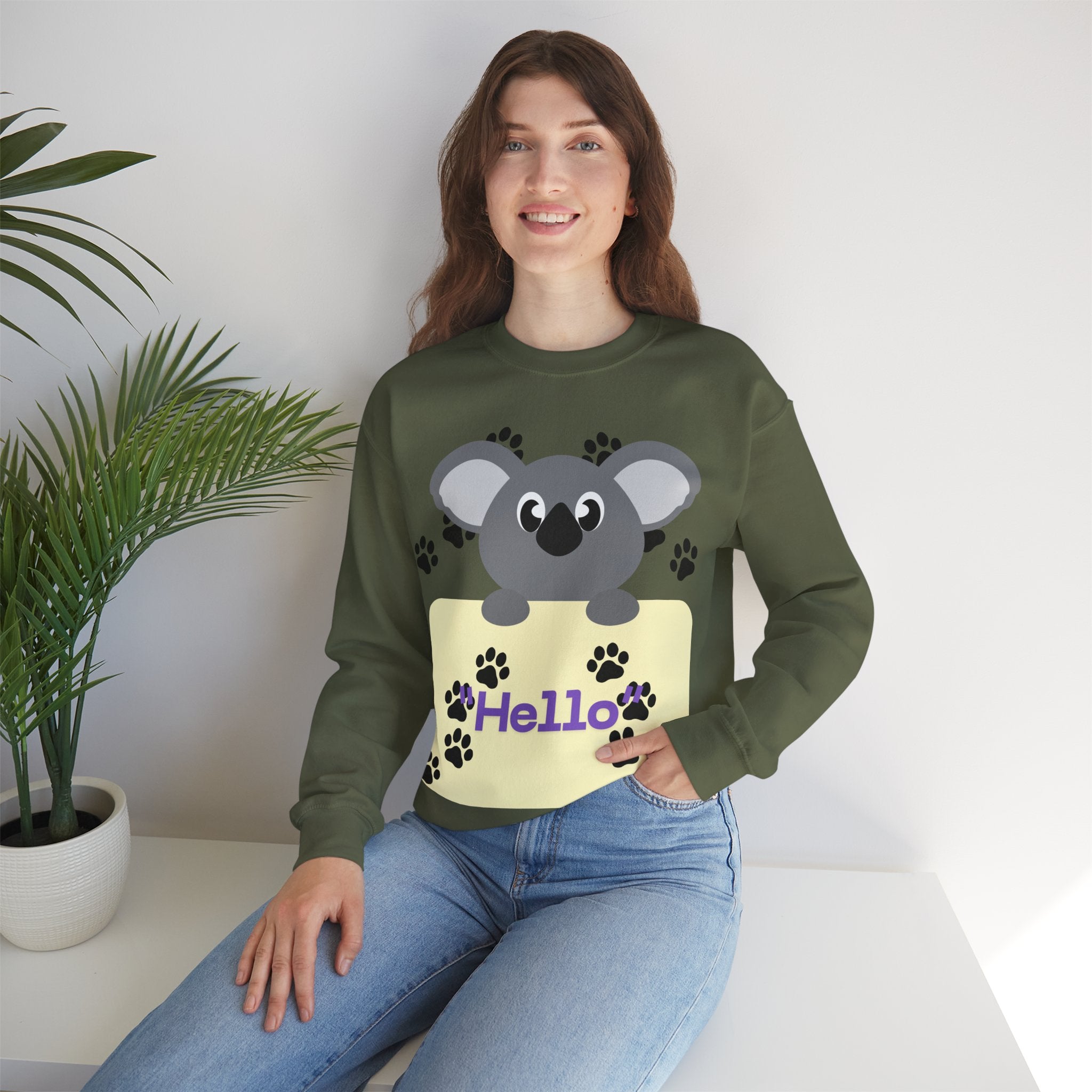 Cute Koala Hello Sweatshirt, Unisex Cozy Crewneck, Pet Lover Gift, Animal Lover Apparel, Fun Casual Wear, Cute Graphic Sweater