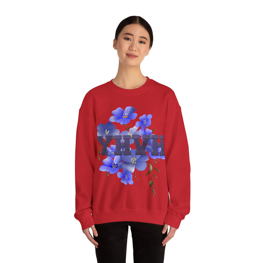 Crewneck Sweatshirt - Blue Violet Floral Graphic with 'KHVH' Lettering