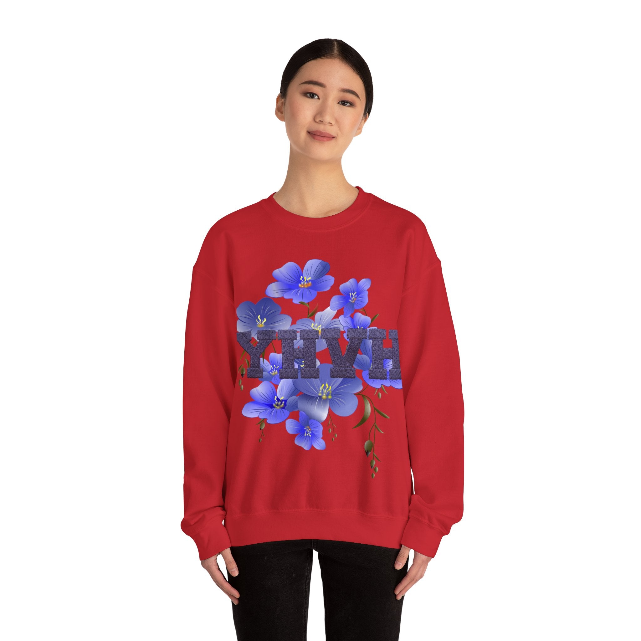 Crewneck Sweatshirt - Blue Violet Floral Graphic with 'KHVH' Lettering