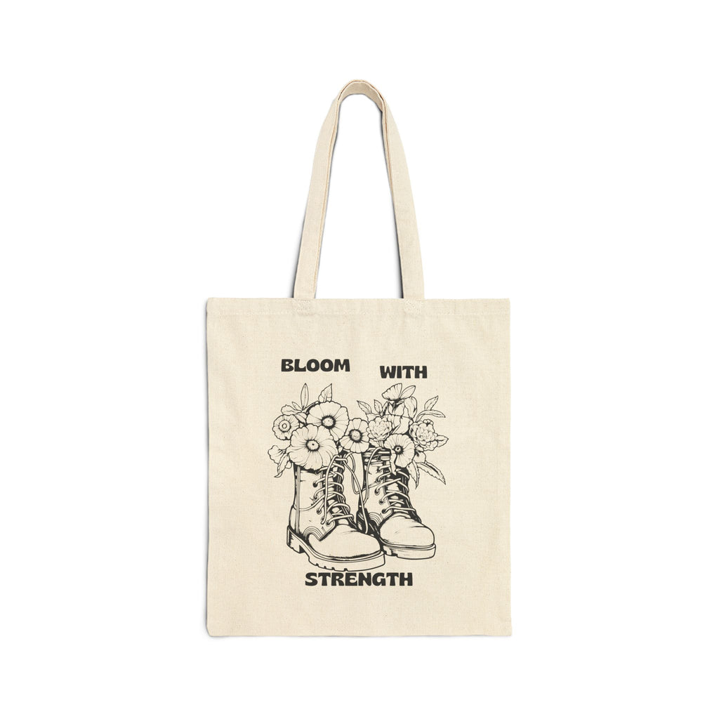 Canvas Tote Bag — "Bloom With Strength" Floral Boots Inspirational Market Tote
