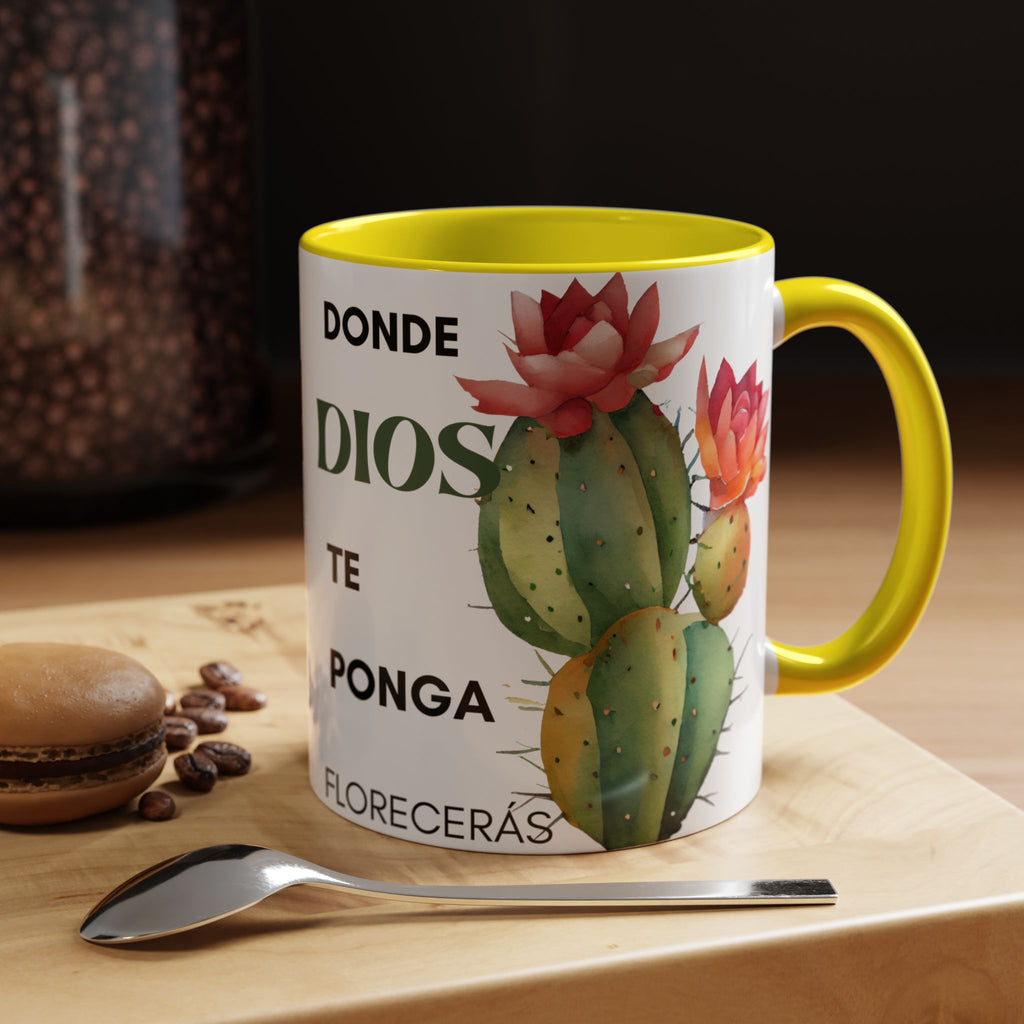 Cactus Floral Accent Coffee Mug – ‘Donde Dios Te Ponga Florecerás’ Spanish Inspirational Mug