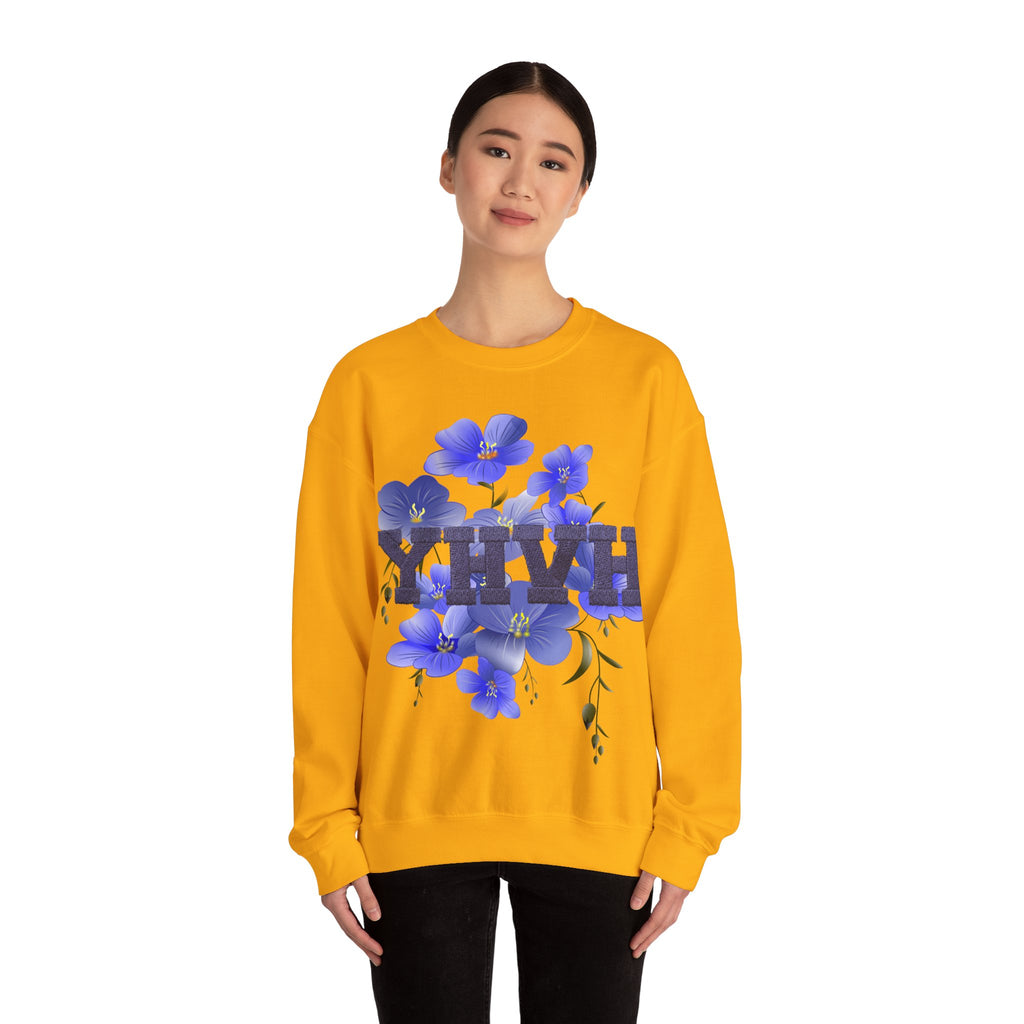 Crewneck Sweatshirt - Blue Violet Floral Graphic with 'KHVH' Lettering