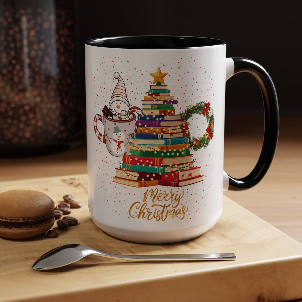 Christmas Book Tree Coffee Mug — Merry Christmas Accent Mug (11/15oz)