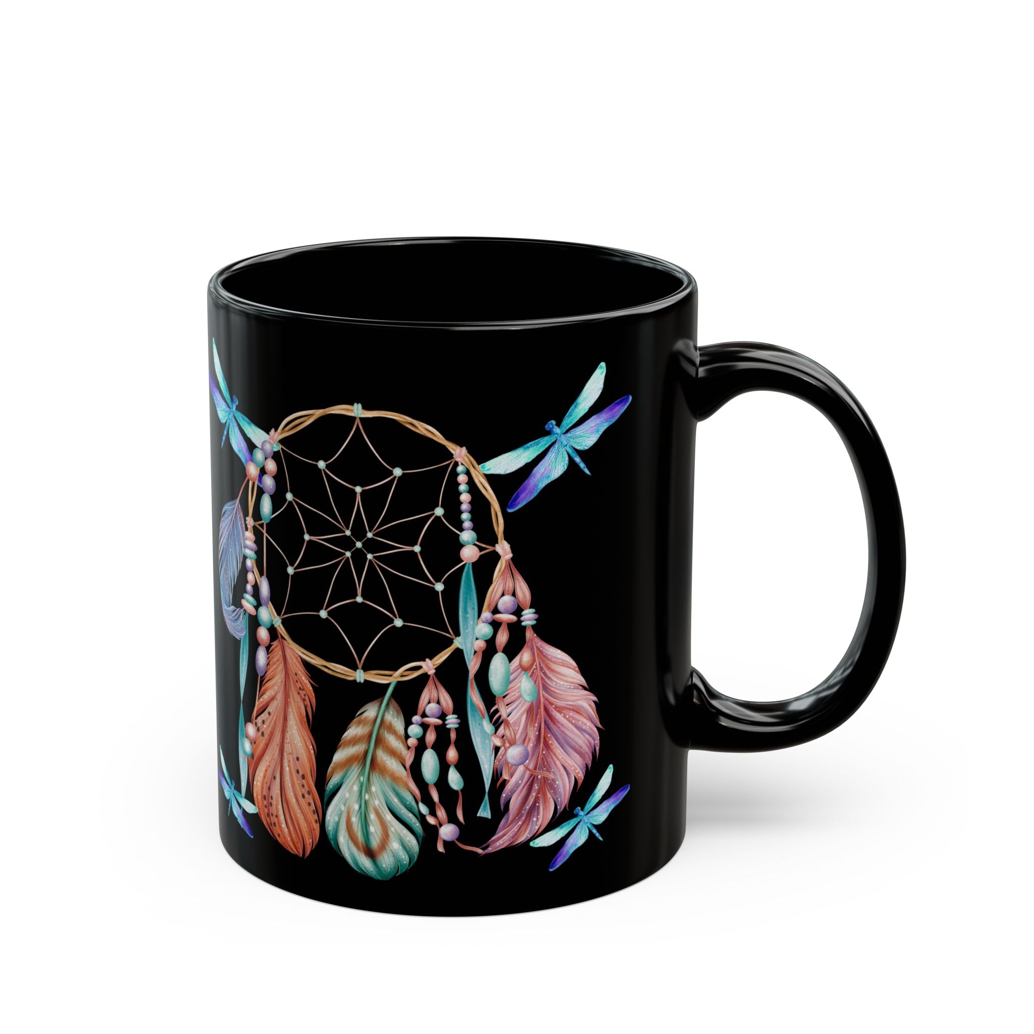 Dreamcatcher Black Mug — Boho Feather & Dragonfly Coffee Cup (11oz/15oz)