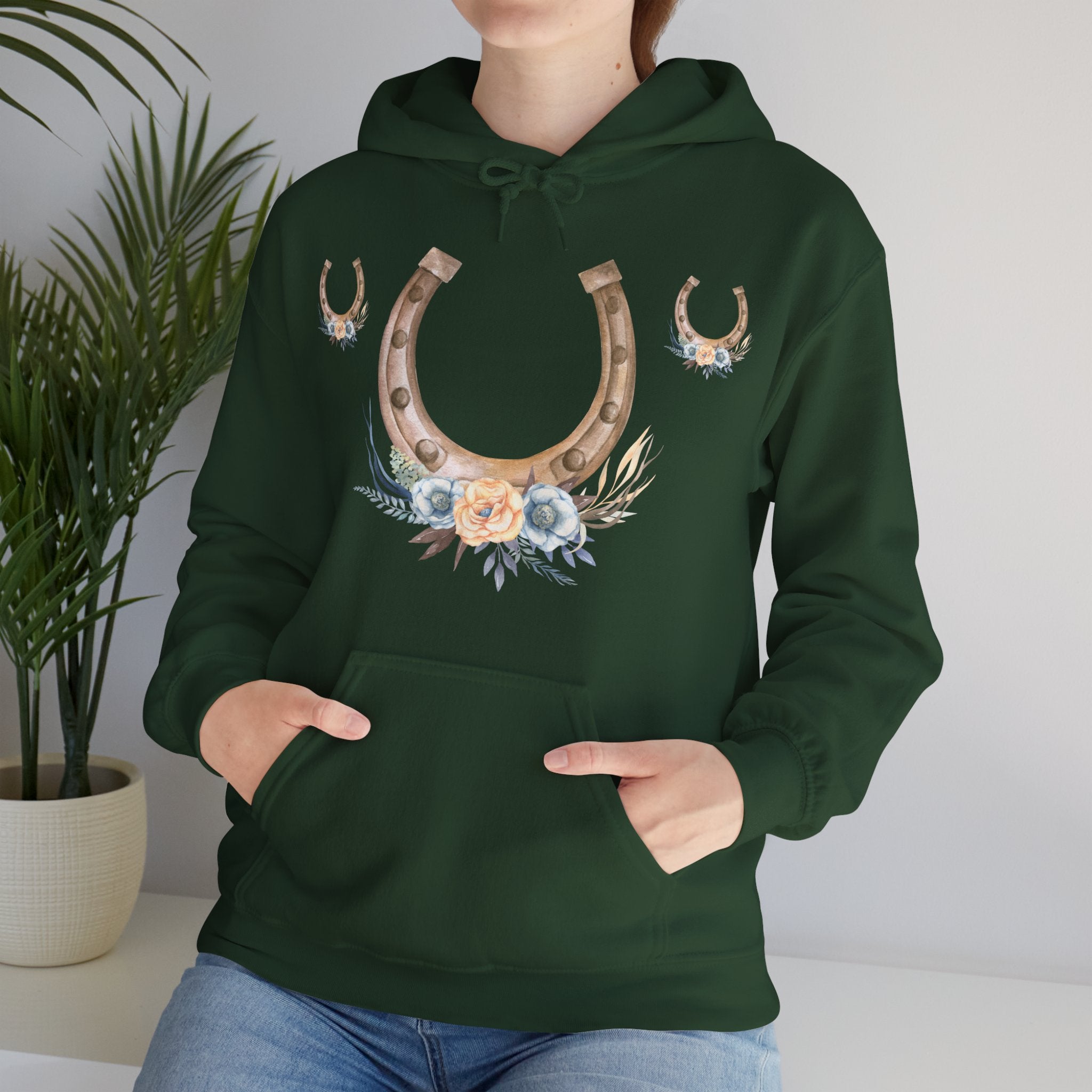 Equestrian Floral Horseshoe Hoodie, Cozy Unisex Sweatshirt, Gifts for Horse Lovers, Country Style Apparel, Birthday Gift, Festival Wear