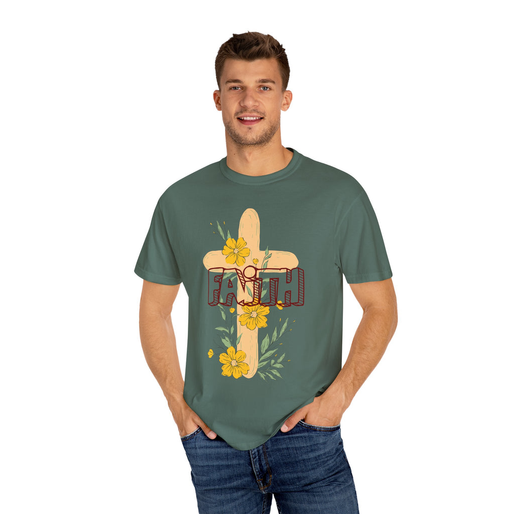 Faith Cross Floral T-Shirt — Christian Inspirational Tee with Yellow Flowers