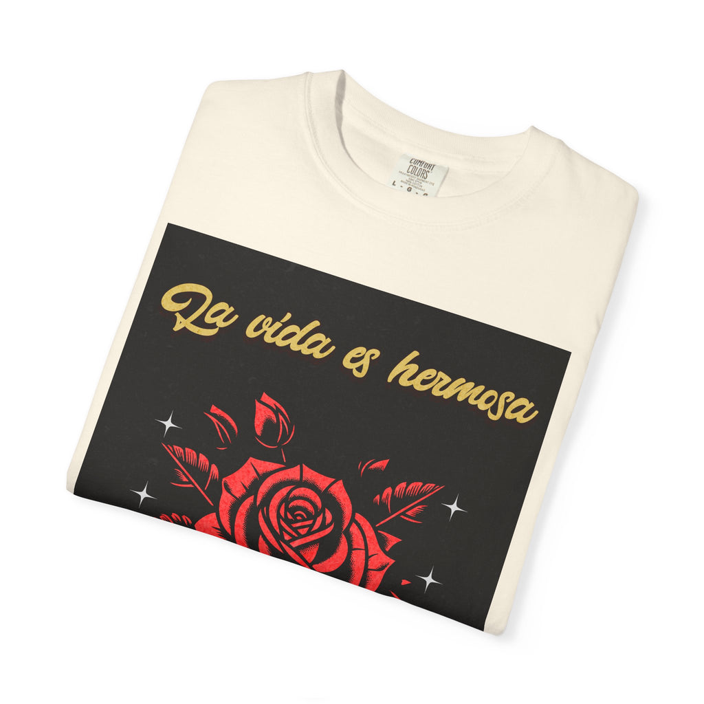 Vibrant Graphic Tee - 'La Vida es Hermosa' Rose Design, Unisex Cotton T-shirt, Gift for Friends, Positive Vibes, Casual Wear, Summer Style