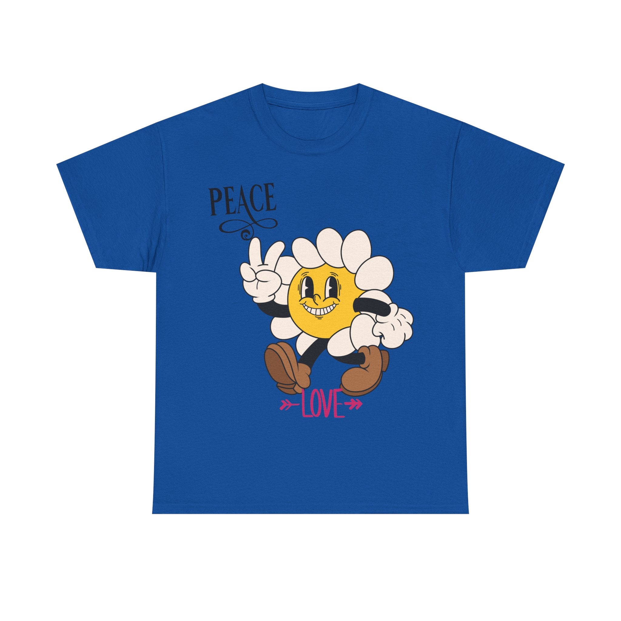 Peace & Love Daisy Character T-Shirt — Retro Smiley Flower Tee