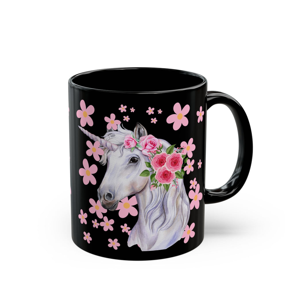 Unicorn Floral Mug — Black Ceramic Coffee Cup with Pink Flowers (11oz, 15oz)