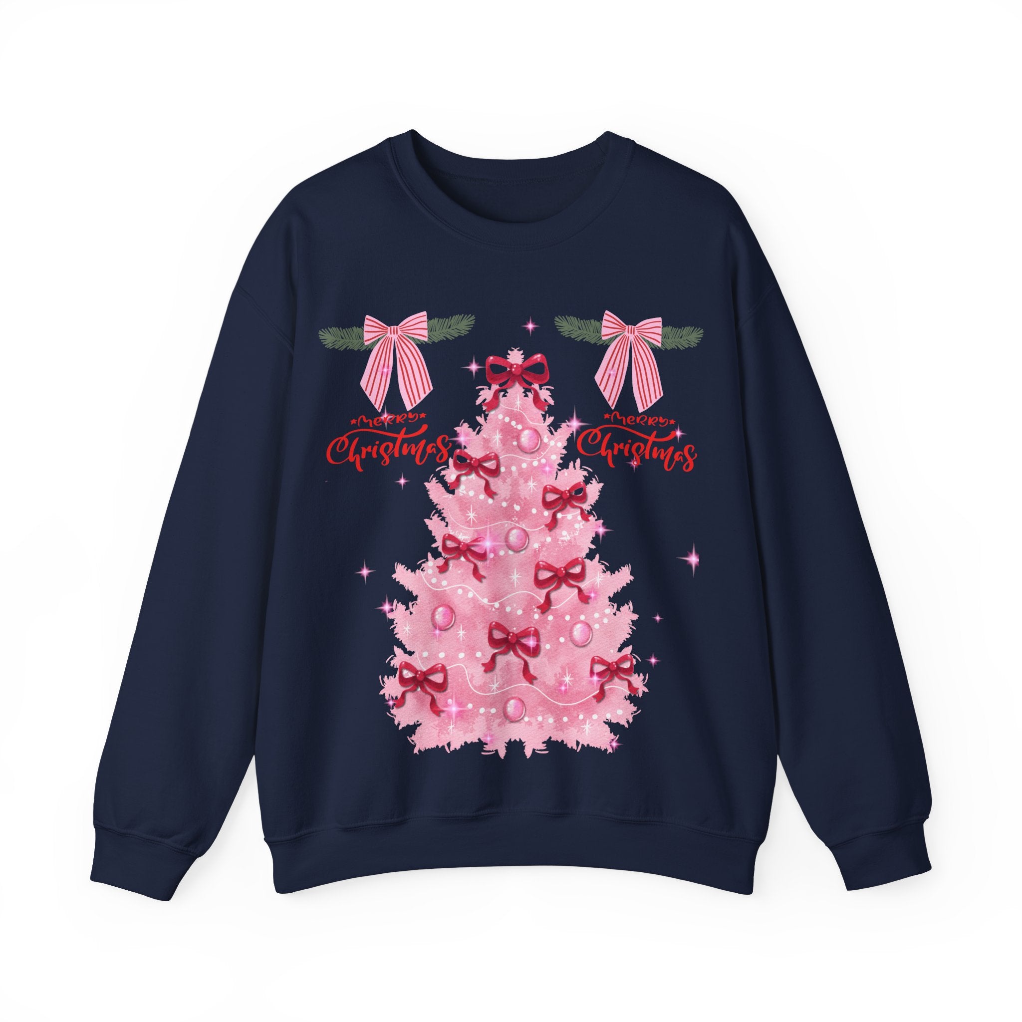 Pink Christmas Tree Sweatshirt — 'Merry Christmas' Bow Holiday Crewneck