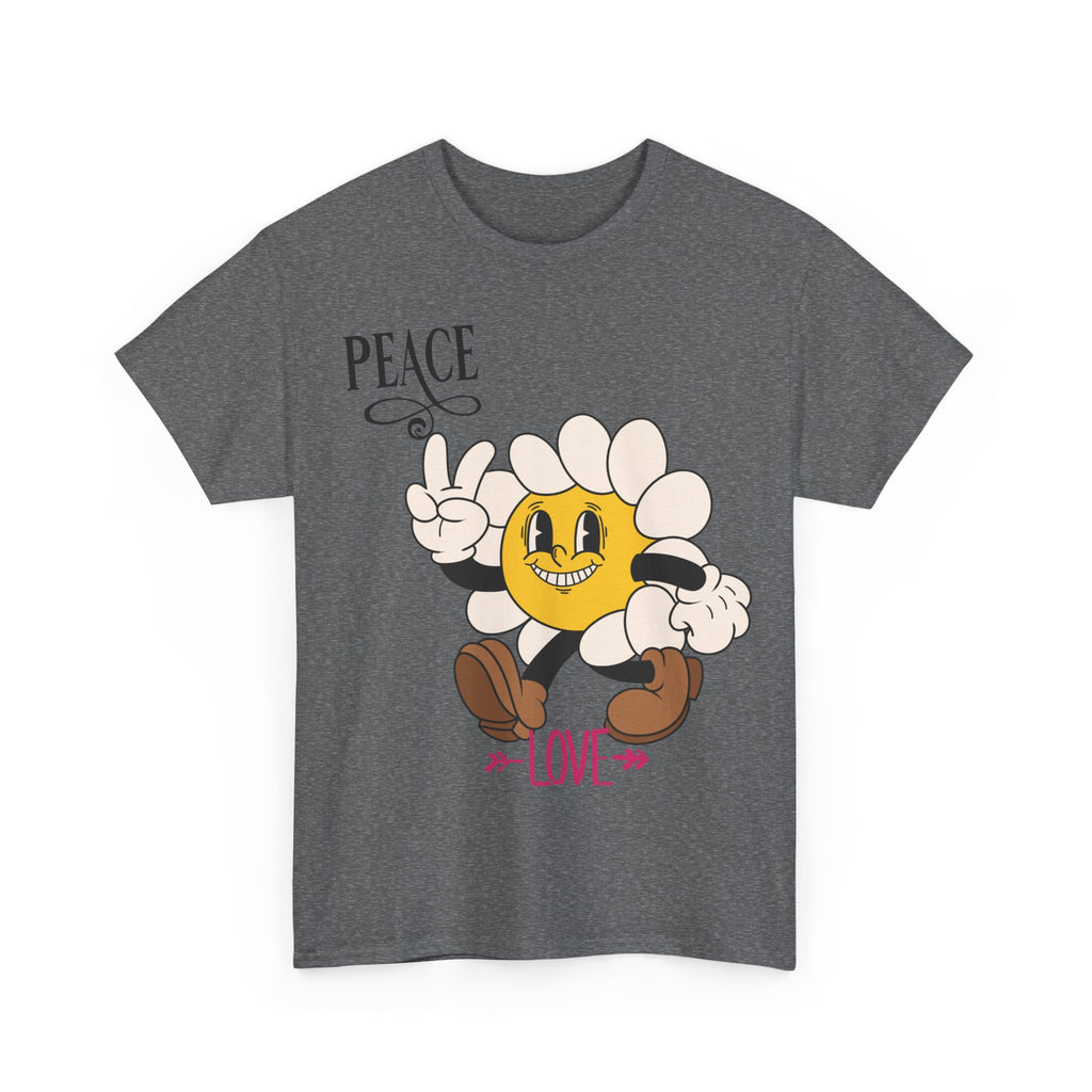 Peace & Love Daisy Character T-Shirt — Retro Smiley Flower Tee