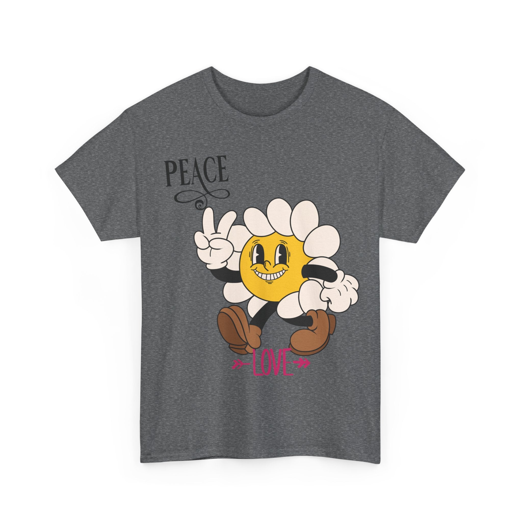Peace & Love Daisy Character T-Shirt — Retro Smiley Flower Tee