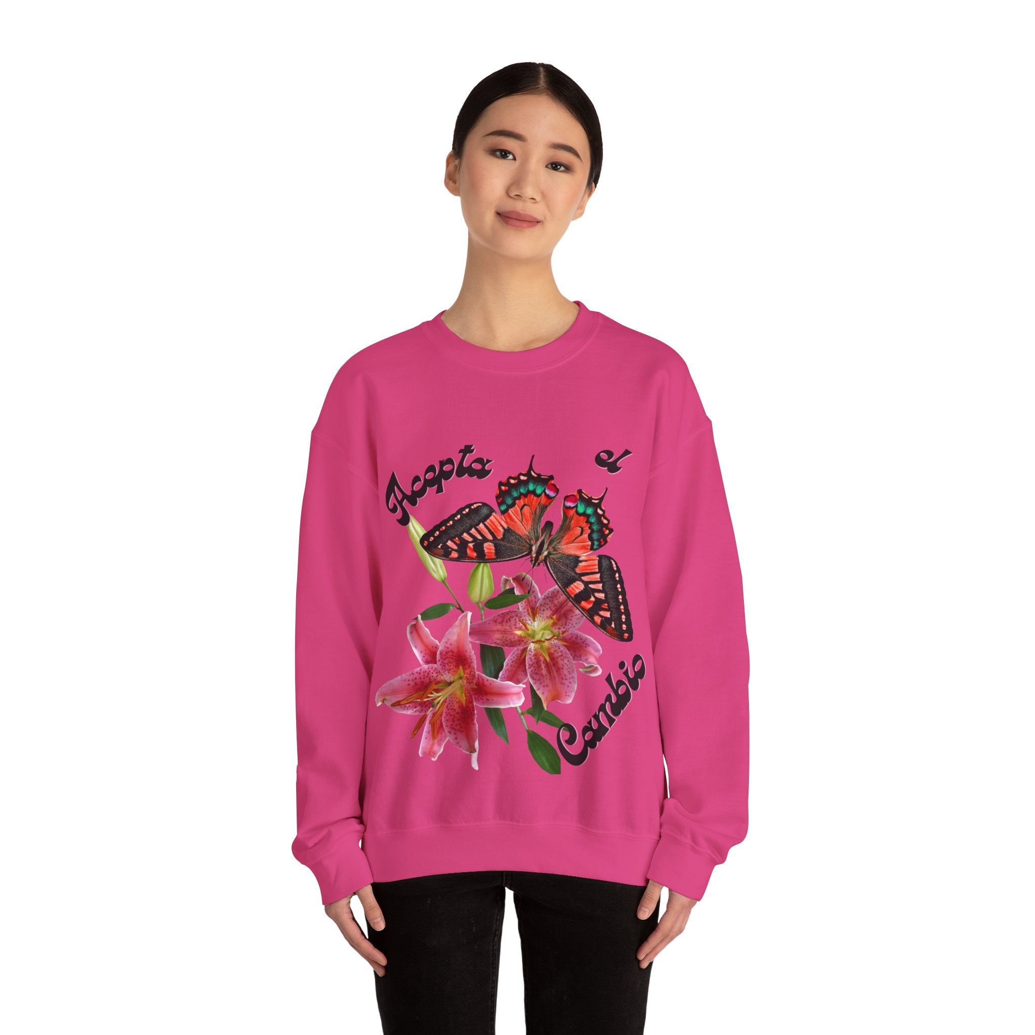 Butterfly & Floral Crewneck Sweatshirt - Accepta el Cambio, Cozy Fall Sweater, Gift for Nature Lovers, Inspirational Apparel, Unisex Fashion