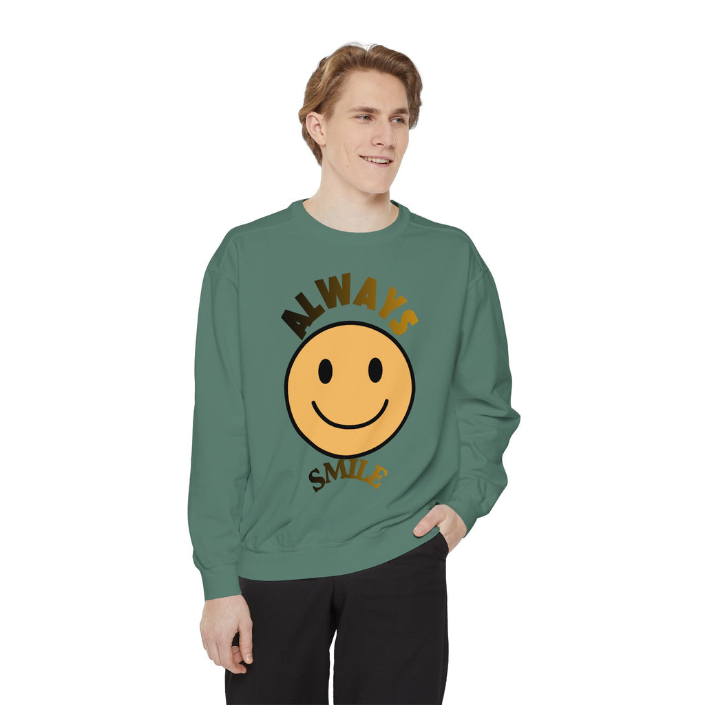 Smiley Face Sweatshirt - Always Smile, Unisex Garment-Dyed Sweatshirt, Cozy Casual Wear, Fall Layering, Gift for Friends, Cheerful Apparel