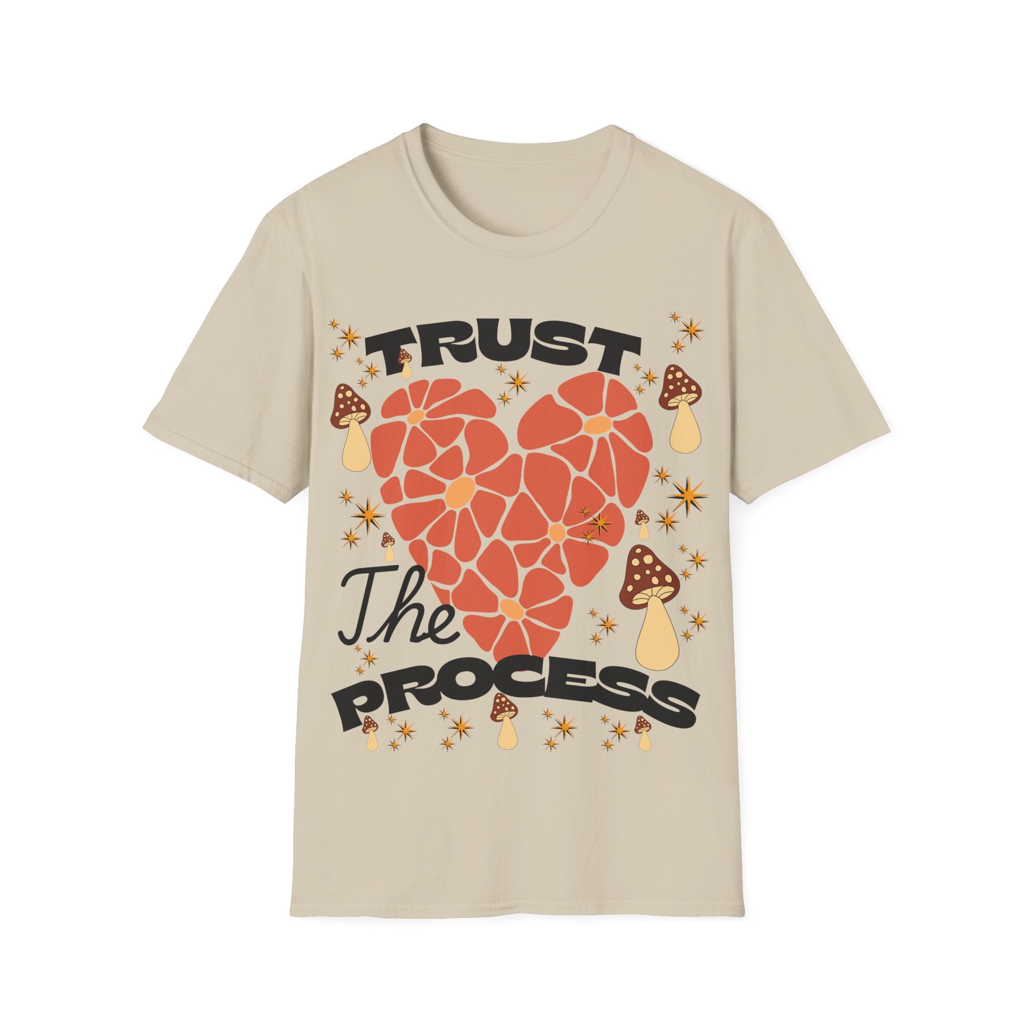 Trust The Process Heart T-Shirt — Positive Motivation Tee with Mushroom & Mosaic Heart Design