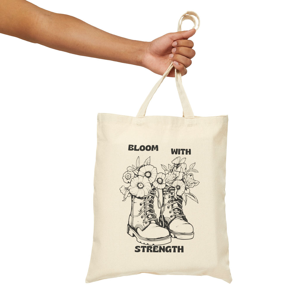 Canvas Tote Bag — "Bloom With Strength" Floral Boots Inspirational Market Tote